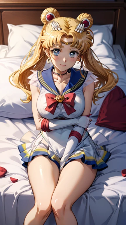 Adult woman blonde hair, blue eyes, long hair with two buns, heart-shaped face in pink lingerie resembling Sailor Moon sitting astride a strong adult man with black hair, blue eyes, confident smile, handsome man with boxers on a bed about to kiss with a room in the background 