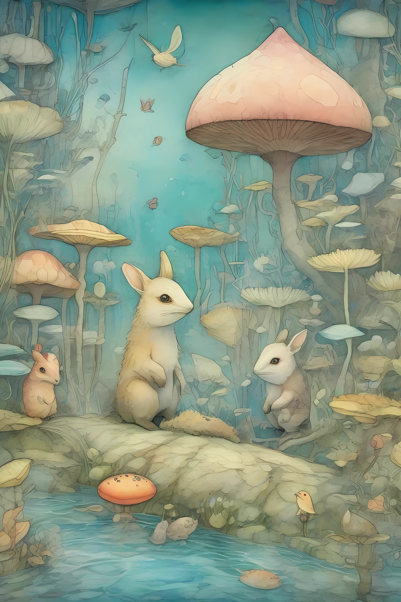 Strange Animals in Wonderland, plush chibi-style, ultra-surreal, large guileless animals, pastel colors, watercolor style, never before exhibited, 8K resolution, high detail, dream story, underwater Japanese garden, Paul Klee, Jean-Baptiste Monge, Arthur Rackham, Bryan Fraud Matte painting, Wren's picture book style