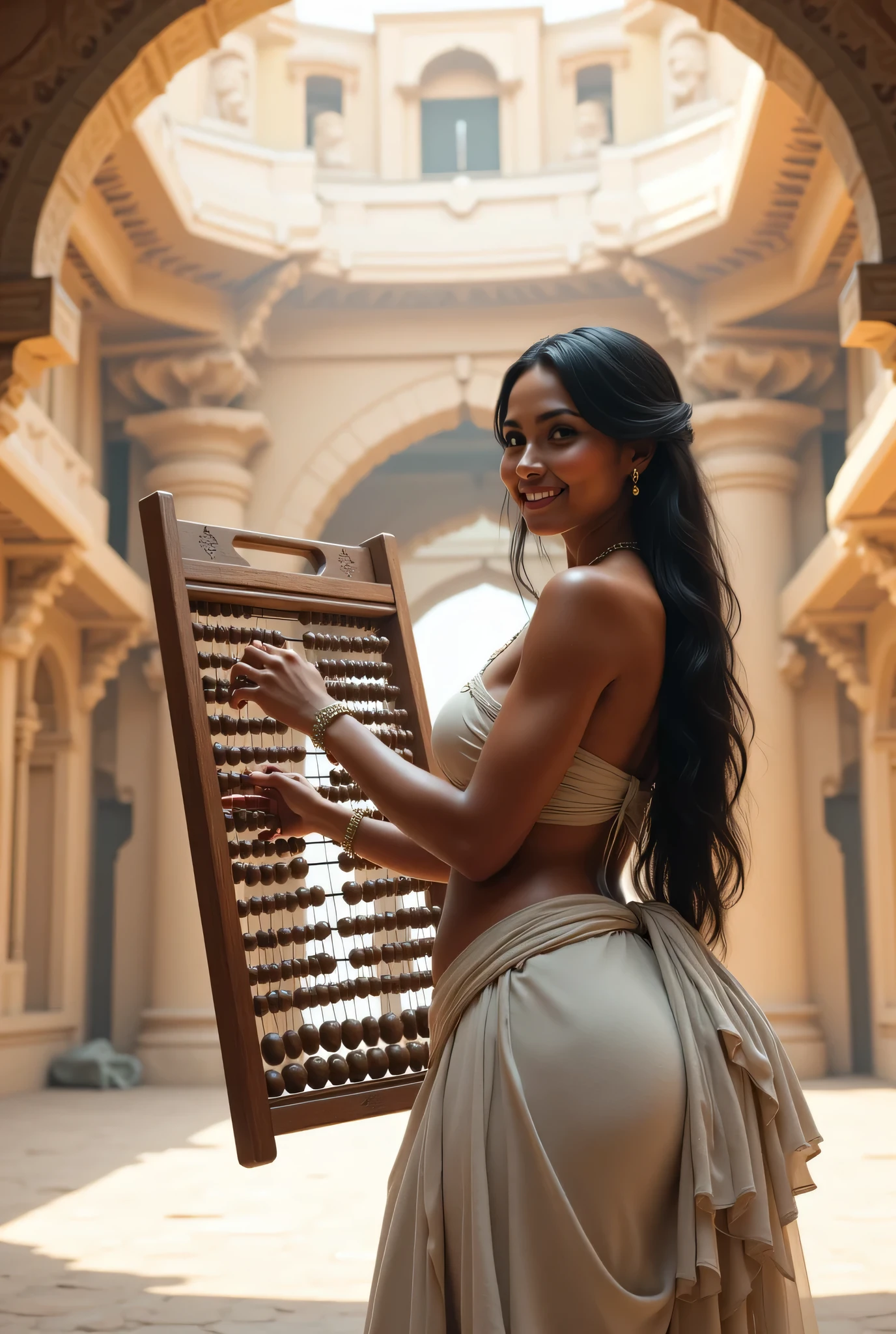 A hyper-realistic image of a prehistoric tribe an indegenous smiling female scholar, symmetrically balanced in image composition. The scholar is depicted in a full body, on wide angle view shot, showcasing her lively, lusciously vivacious, and shapely body. She is wearing a realistic primitively indegenous india scholar cultural long dress. The scene includes a well-rounded prehistoric india female scholar holding a realistic intricately abacus, counting using an abacus, smiling. The background features an abacus library temple scene with central leading lines, creating a sense of depth on ultra-wide angle. The image has UHD ambience, with a zoomed-out perspective, realistic textures, soft lighting, and a wide-angle view. The scholar's hands are accurately detailed with full human finger anatomy, and her hair is shiny and lifelike. The overall style is reminiscent of Far Cry 5 game artwork, with additional details and body fixes applied. BronzepunkAi Artwork and SandalPunkAi Artwork.