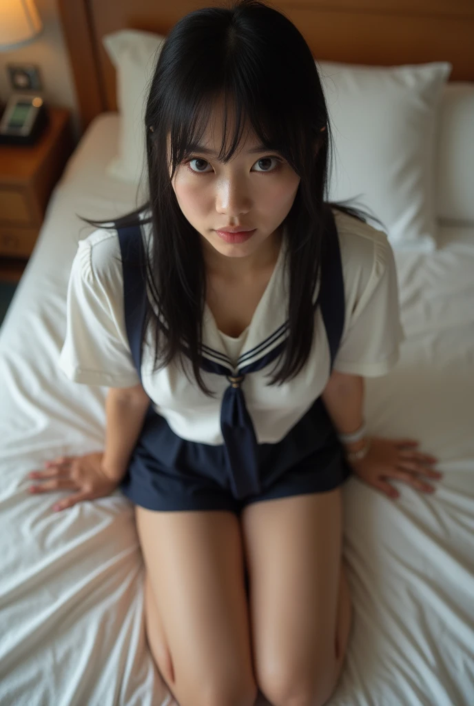 Japanese student uniform、a 、((White panties are visible))、Open your legs、((thrown on the bed))、Fallen、room at night、Perplexed、Troubled face、Open your legs to expose your crotch.......、The skirt was disheveled,..、Mansuji、