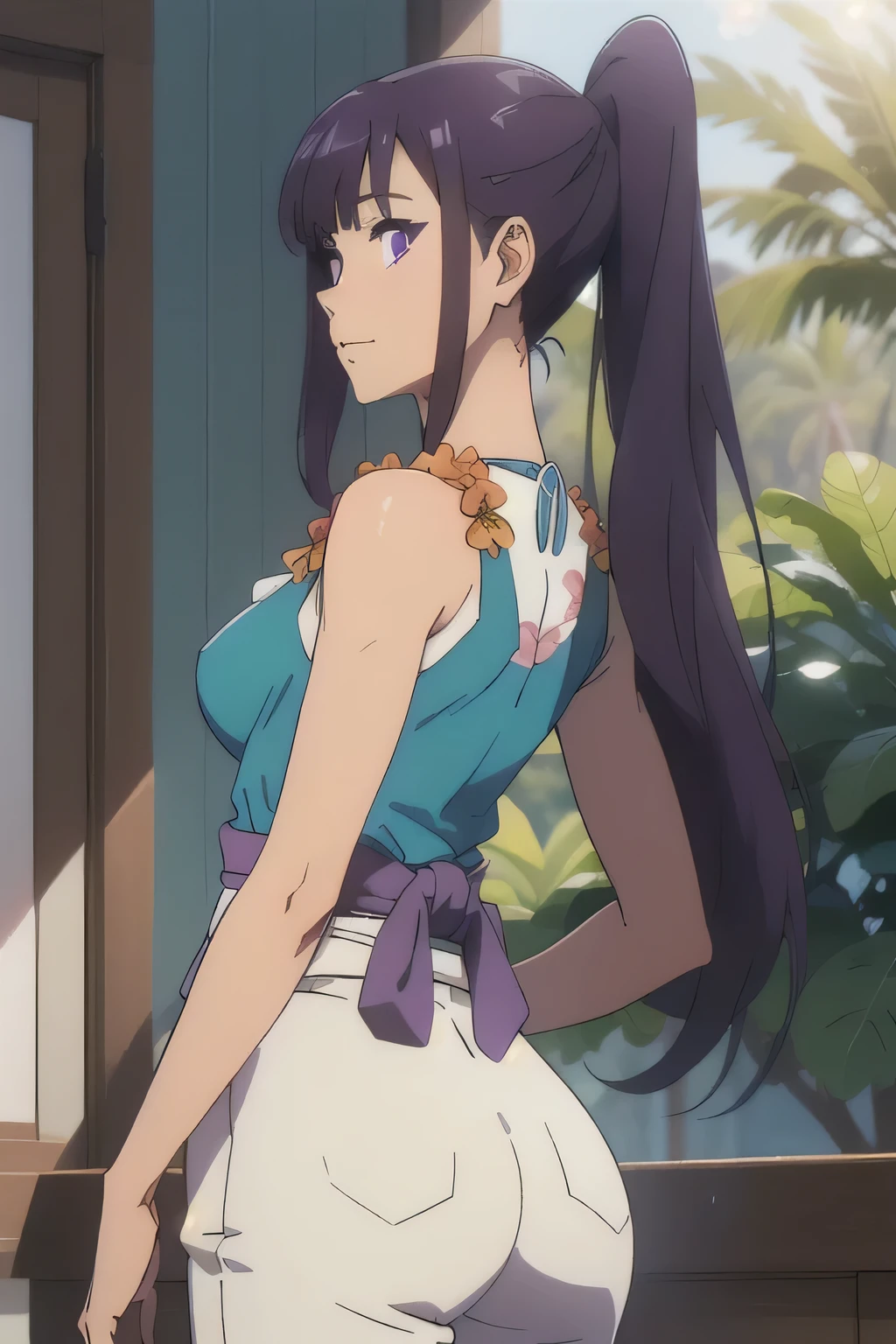 1 girl in, 18, photo of Sung Jinha, Solo Levelling Waifu, photo of perfect woman, Solo, Aesthetic artwork, (long hair, straight purple hair, long ponytail, dark purple hair, bangs: 1.25), (violet eyes, clear skin, fare skin, small breasts, B-cup, runners body, very thin waist, skinny, petite, detailed skin texture, (Masterpiece), (shot from behind, focus on ass:1.2), (wearing traditional Hawaiian clothing, leis), exotic flowers in the background, tropical paradise, lush greenery, white sandy beach, crystal clear water, gentle ocean breeze, warm golden sunlight, serene, (extremely detailed 8k wallpaper), soft lighting, high quality, film grain, 50mm, High Detail, Sharp focus, (natural light), (cowboy photo:1.2), light particles