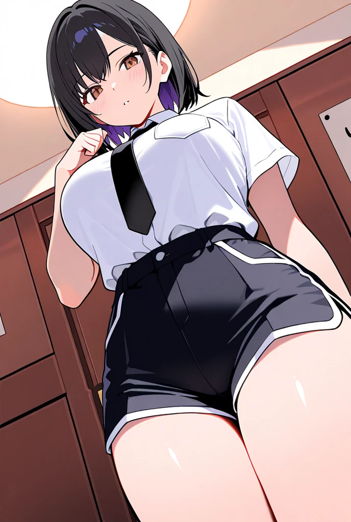 Haruno Yukinoshita, Haruno Yukinoshita, short hair, Hair between the eyes, (black目:1.5), black髪, Gradient Hair, Two-tone hair, Purple Hair, ３０Attractive woman in her teens,
break shirt, whiteのシャツ, Collared shirt, cardigan, black_Open_cardigan,
break outdoors, town, null, sun, people々々, crowd, building, cloud,
break looking at viewer,
break (masterpiece:1.2), Highest quality, High resolution, unity 8k wallpaper, (shape:0.8), (Beautiful details:1.6), (Highly detailed face:1.5), Perfect lighting, Extremely detailed CG, (Perfect hands, Perfect Anatomy), (black_One_Tight Skirt:1.5), (blush), (anger), (Large breasts), (Wide pelvis:1.5), (Thick thighs:1.5), (Lift up the skirt:1.5), (スカート that rolls up:1.5), (panties丸見え:1.5), (white_panties:1.5), (Detailed pussy:1.5),(From below to above the crotch:1.5)