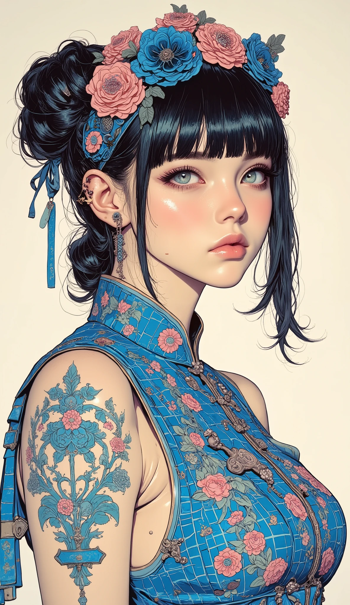 There is a picture of a woman in a sleeveless blue Chinese dress, Feminine Gothic Aesthetics 、 bangs with lots of flowers 、 bun hair for your toes, Close up details, Detail shot, with clear details , ARTY LOVE BLOW STYLE , Silkscreen Art, checked shirt , Extra Fine Ink Details , SILKSCREEN PRINT , very detailed