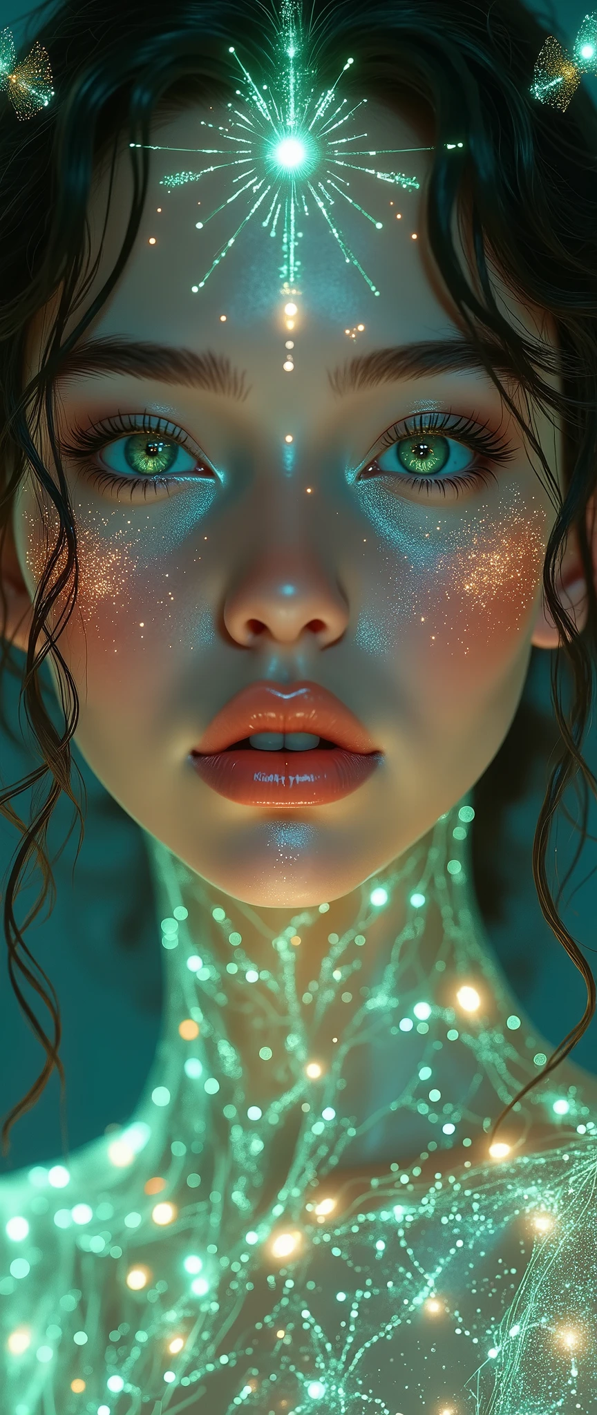 (a masterpiece:1.2,EXCEPTIONAL QUALITY, mirrored, cinematic experience,photorealistic:2.0,RAW Photos:2.0,Super detailed),8k,wallpaper,(Representation of drawings using holograms:2.0),(Beautiful Woman:2.0),cyborg woman,(Cyborg womanの:2.0),(Draw the front view:2.0),(Avant-garde design:2.0),(Detailed drawings:2.0),(numerous notes about the settings:2.0),(beautiful face, perfect skin, beautiful green transparent eyes, long eyelashes, expressive dark eyebrows, plump, berry-colored lips, beautiful shiny curly dark hair of a cool shade)