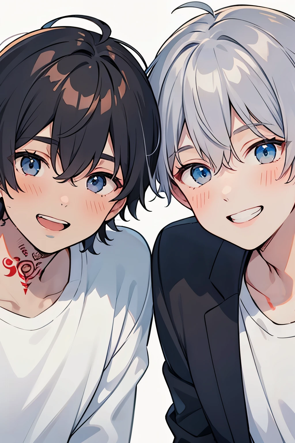 Dark Red Hair,  black hair,  for men,  medium hair with visible tattoos ,Red Eyes , dark blue eyes,Beautiful Boy, skinny,  Multiple Boys, 2 boys, , Yaoi,close up Face,Grinning face,(American taste:1.0),((brown skin:1.0)),