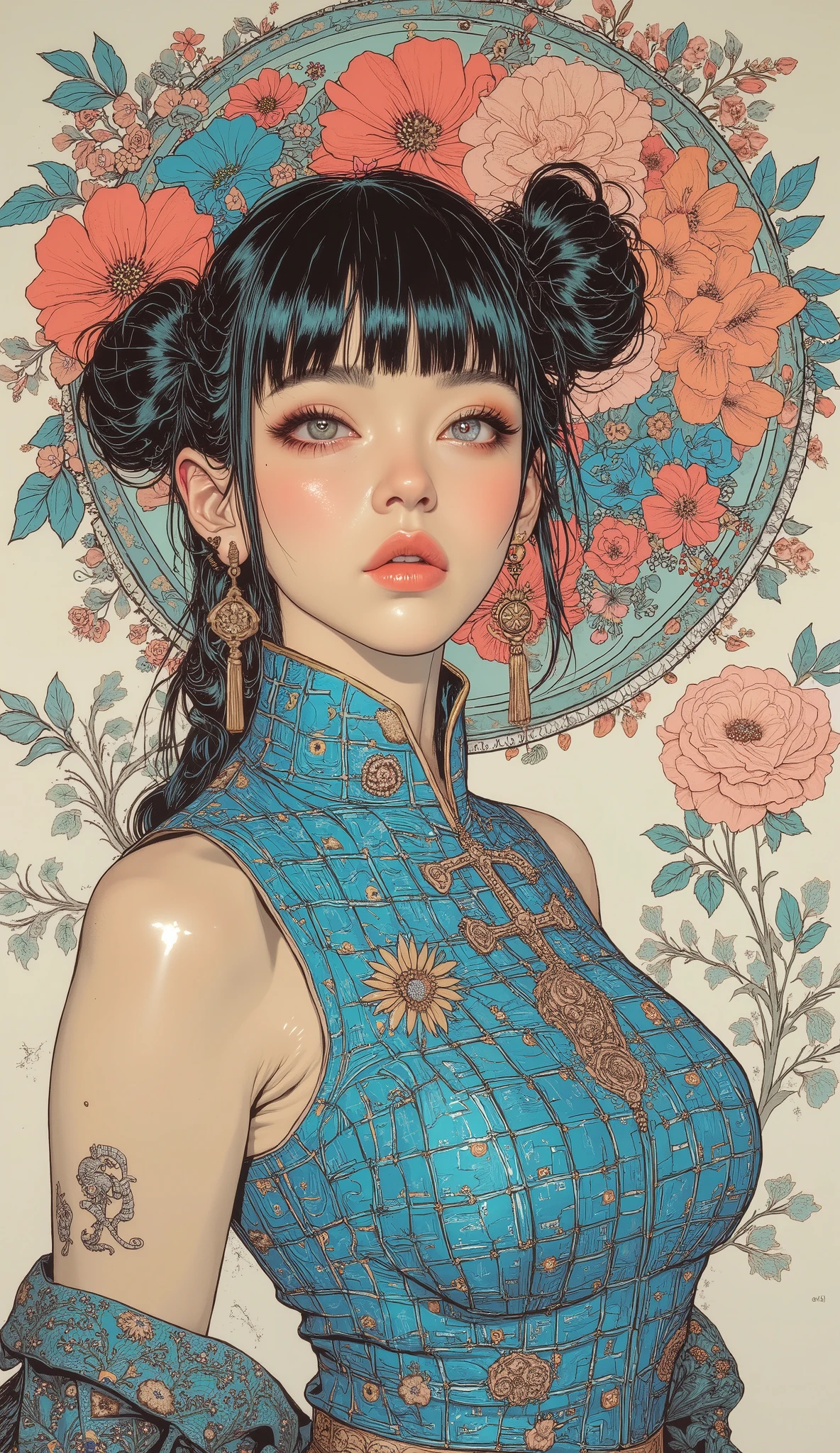 There is a picture of a woman in a sleeveless blue Chinese dress, Feminine Gothic Aesthetics  、 black hair、 bangs with lots of flowers 、 bun hair for your toes, Close up details, Detail shot,  with clear details ,  ARTY LOVE BLOW STYLE  , Silkscreen Art,  checked shirt  ,  Extra Fine Ink Details  ,  SILKSCREEN PRINT  ,  very detailed