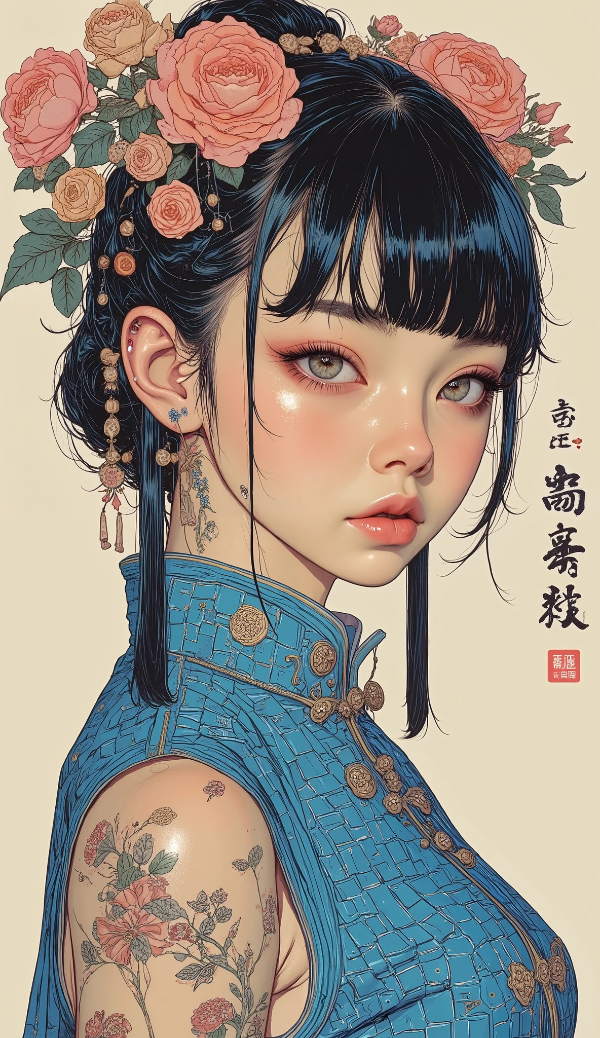 There is a picture of a woman in a sleeveless blue Chinese dress, Feminine Gothic Aesthetics 、 black hair、 bangs with lots of flowers 、 bun hair for your toes, Close up details, Detail shot, with clear details , ARTY LOVE BLOW STYLE , Silkscreen Art, checked shirt , Extra Fine Ink Details , SILKSCREEN PRINT , very detailed