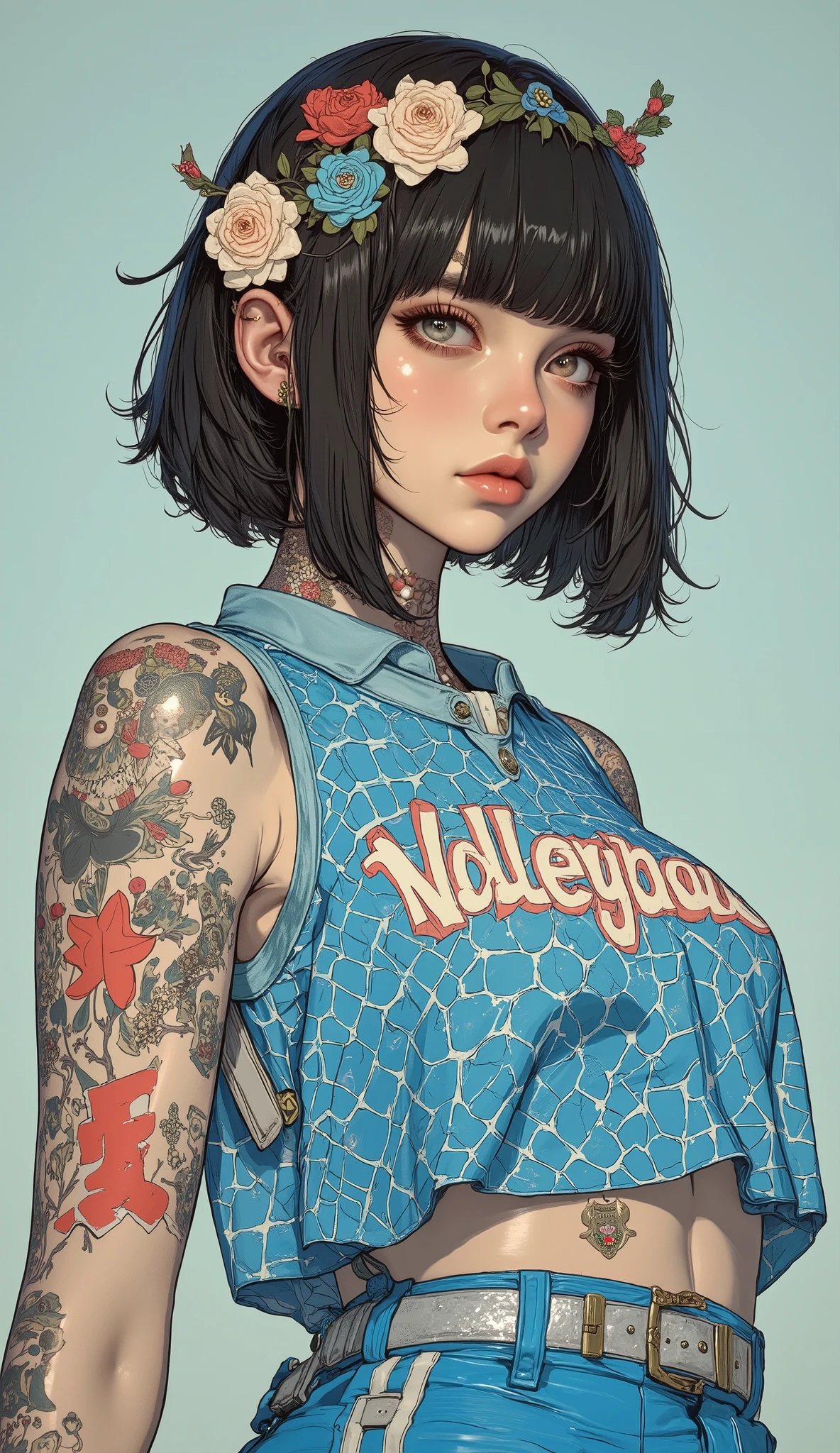 There is a picture of a woman in a sleeveless blue volleyball uniform, Feminine Gothic Aesthetics 、 black hair、 bangs with lots of flowers 、 short hair while on a business trip, Close up details, Detail shot, with clear details , ARTY LOVE BLOW STYLE , Silkscreen Art, checked shirt , Extra Fine Ink Details , SILKSCREEN PRINT , very detailed