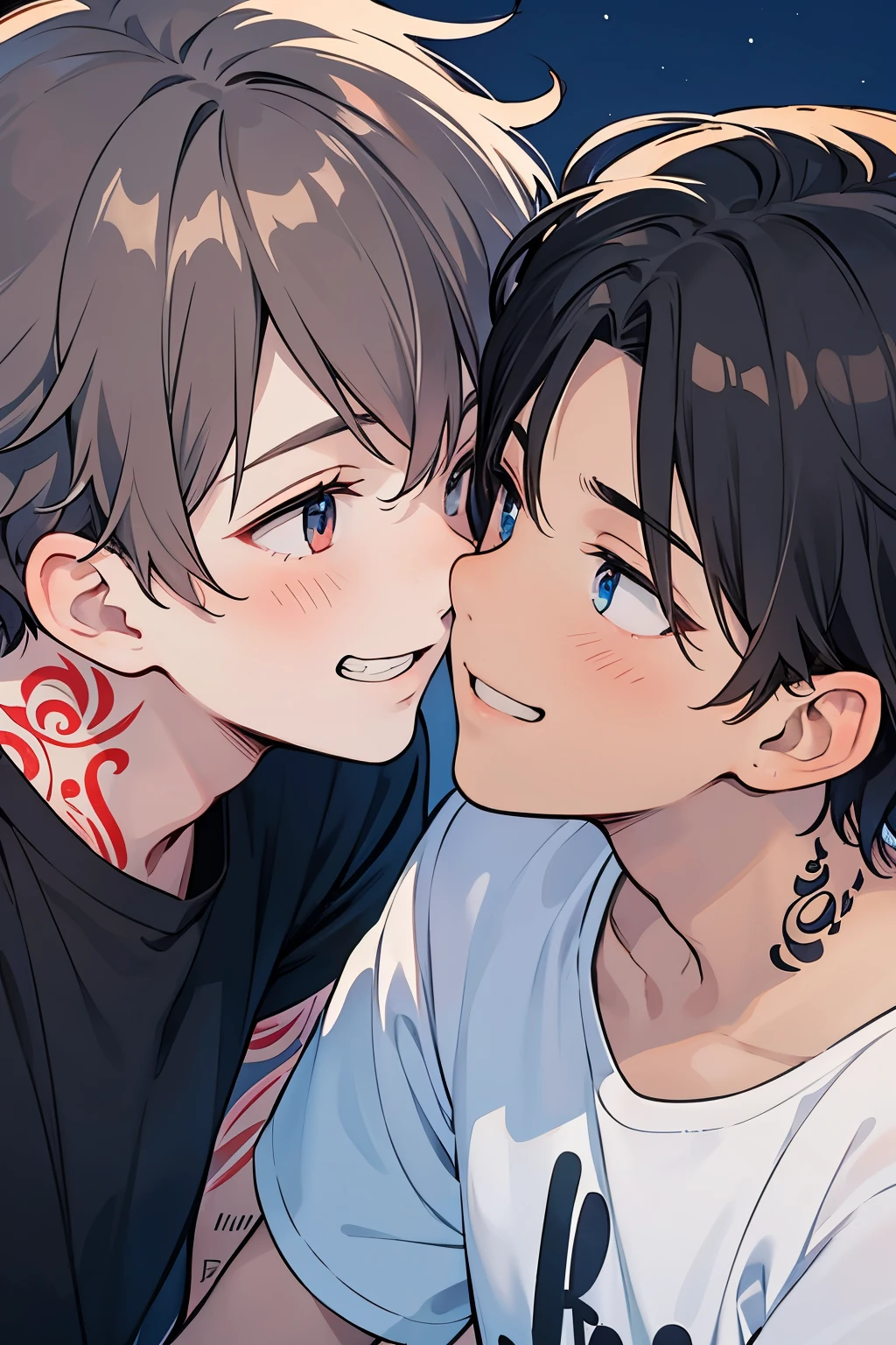 Dark Red Hair,  black hair,  for men,  medium hair with visible tattoos ,Red Eyes , dark blue eyes,Beautiful Boy, skinny,  Multiple Boys, 2 boys, , Yaoi,((kiss:0.8)),Grinning face,(American taste:1.0),((brown skin:1.0)),close up face