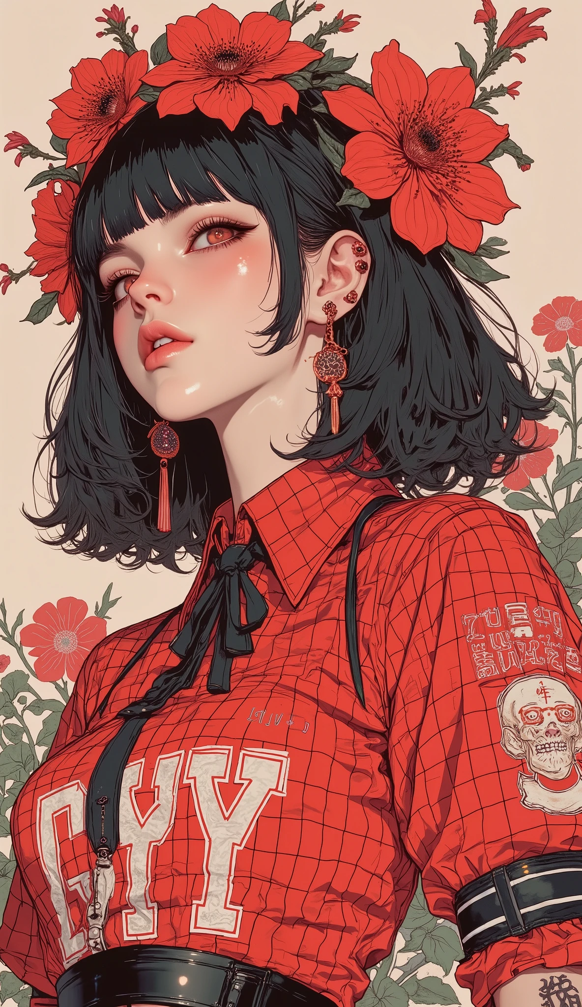 There is a picture of a woman wearing a red cheerleader, Feminine Gothic Aesthetics  、 black hair、 bangs with lots of flowers 、 short hair while on a business trip, Close up details, Detail shot,  with clear details ,  ARTY LOVE BLOW STYLE  , Silkscreen Art,  checked shirt  ,  Extra Fine Ink Details  ,  SILKSCREEN PRINT  ,  very detailed