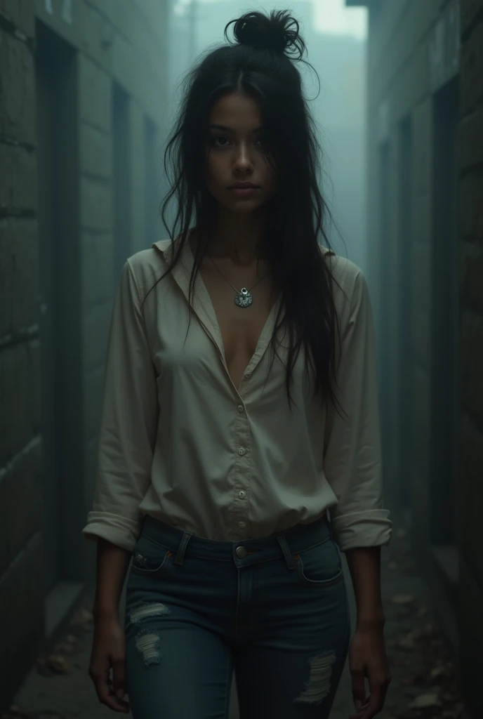a 22-year-old woman , light brown skin and deep brown eyes , with an expression marked by curiosity and a slight touch of restlessness. } Her long, dark hair is tied in a undone bun , leaving some loose patches over her face . She wears a long sleeve blouse made of light fabric , slightly crushed, and frayed jeans , showing her simple personality , but determined . Her posture is slightly tense , as if she were alert to something invisible . A small silver medallion rests on her , reflecting a subtle glow in dim light . The environment around her is dark , with fog and indefinite shadows in the background , increasing the sense of mystery and danger.