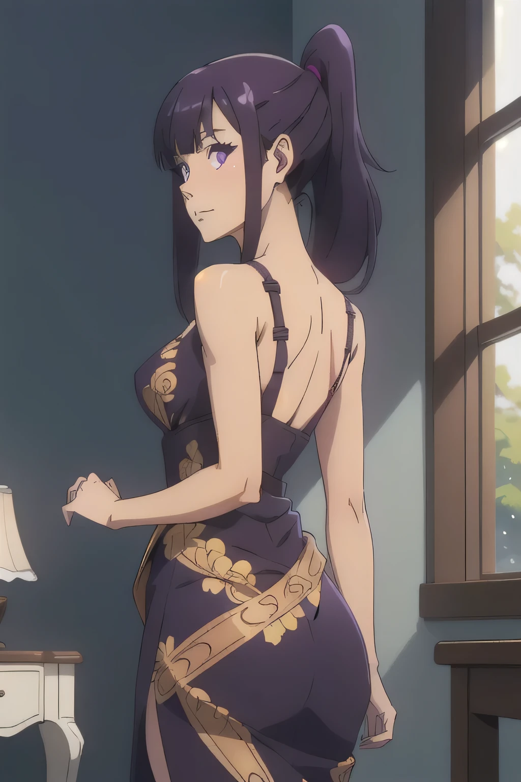 1 girl in, age18, photo of Sung Jinha, Solo Levelling Waifu, photo of perfect woman, Solo, Aesthetic artwork, (long hair, straight purple hair, long ponytail, dark purple hair, bangs: 1.25), (violet eyes, clear skin, fare skin, small breasts, B-cup, runners body, very thin waist, skinny, petite, detailed skin texture, (Masterpiece), (shot from behind, focus on ass:1.2), ((criss-crossing straps on dress))), flowers, floral dress, gilded flower, gilded flowers, gilded girl, gilded dress, all gold, only gold, filigree, dress pooling around her, (((dark red dress)), (extremely detailed 8k wallpaper), soft lighting, high quality, film grain, 50mm, High Detail, Sharp focus, (natural light), (cowboy photo:1.2), light particles