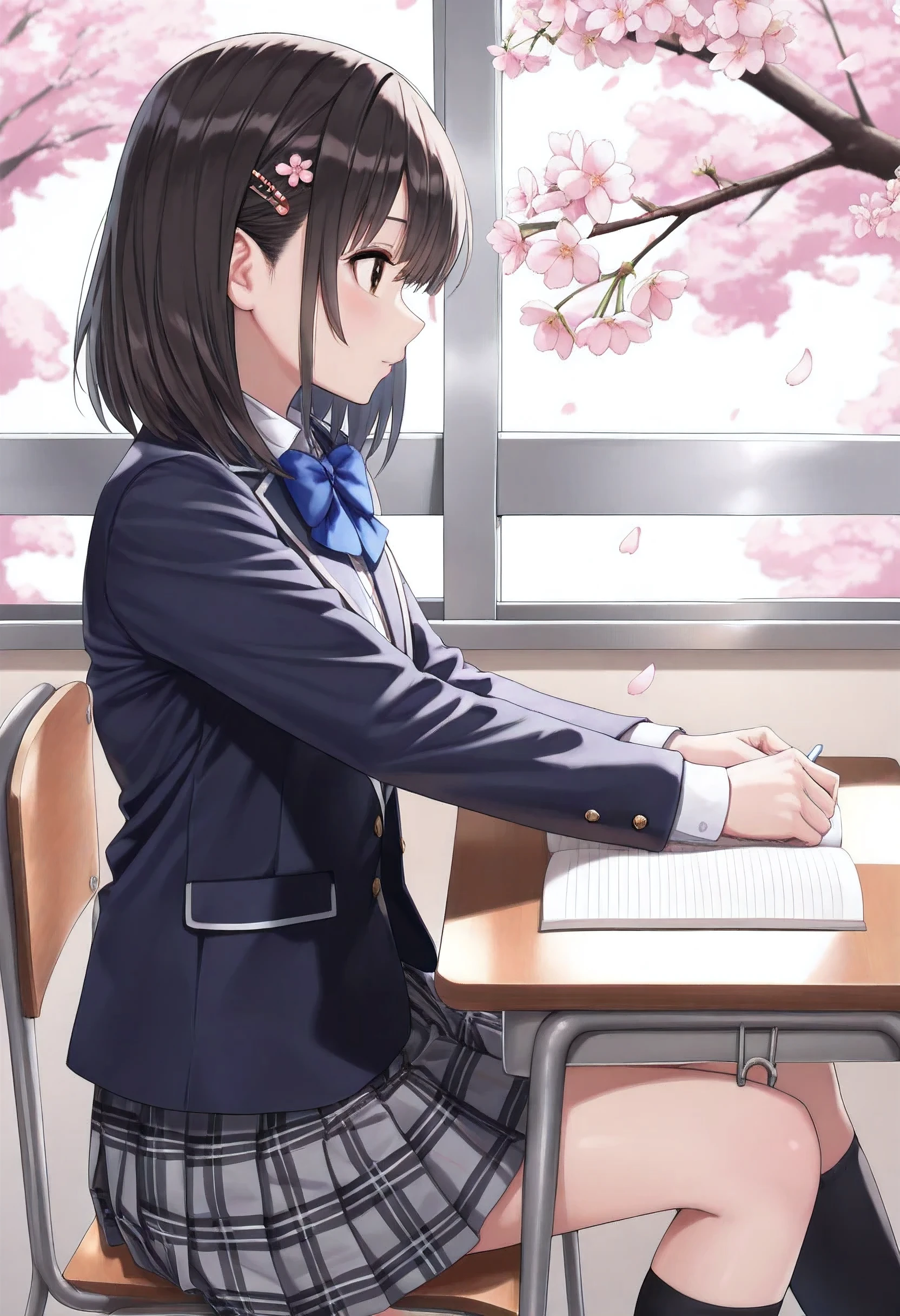 (ultra detailed),(from side,profile),( pretty girl, ), (Studying at my classroom desk,椅子に座る),(navy blue simple blazer, white long sleeve shirt , Gray Plaid Pleated Skirt, black knee high socks, blue bow, school uniform), , black hair, Medium Hair, hairpin, brown eyes, realistic ,(window,cherry blossoms),(super detail, high details, highres, 8k, best quality, masterpiece, extremely detailed CG, clear, ultra high resolution, accurate, perfect anatomy,super detailed skin, beautiful detailed face, beautiful detailed eyes, beautiful detailed hands)