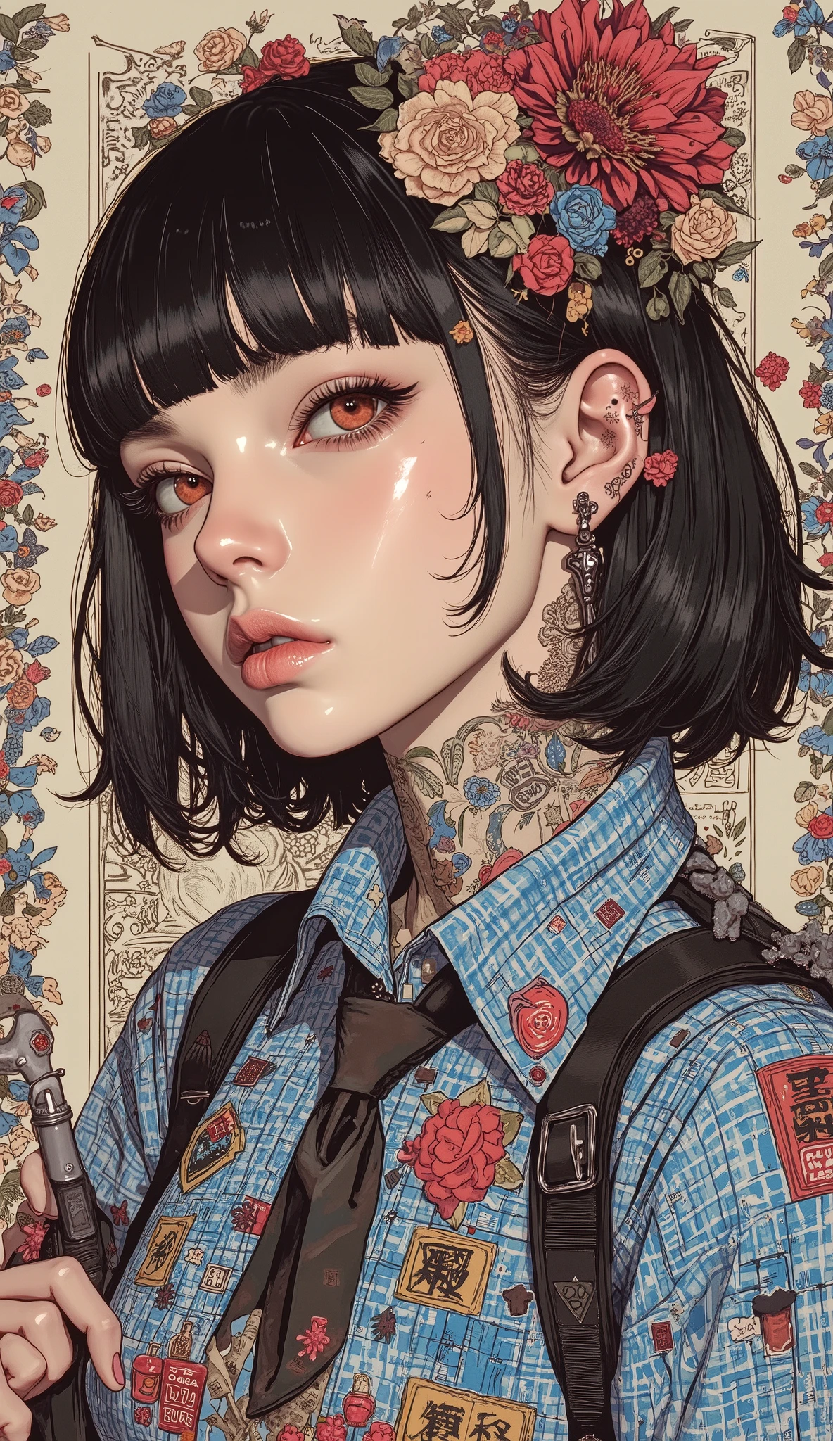 There is a picture of a woman wearing a cheerleader, Feminine Gothic Aesthetics  、 black hair、 bangs with lots of flowers 、 short hair while on a business trip, Close up details, Detail shot,  with clear details ,  ARTY LOVE BLOW STYLE  , Silkscreen Art,  checked shirt  ,  Extra Fine Ink Details  ,  SILKSCREEN PRINT  ,  very detailed