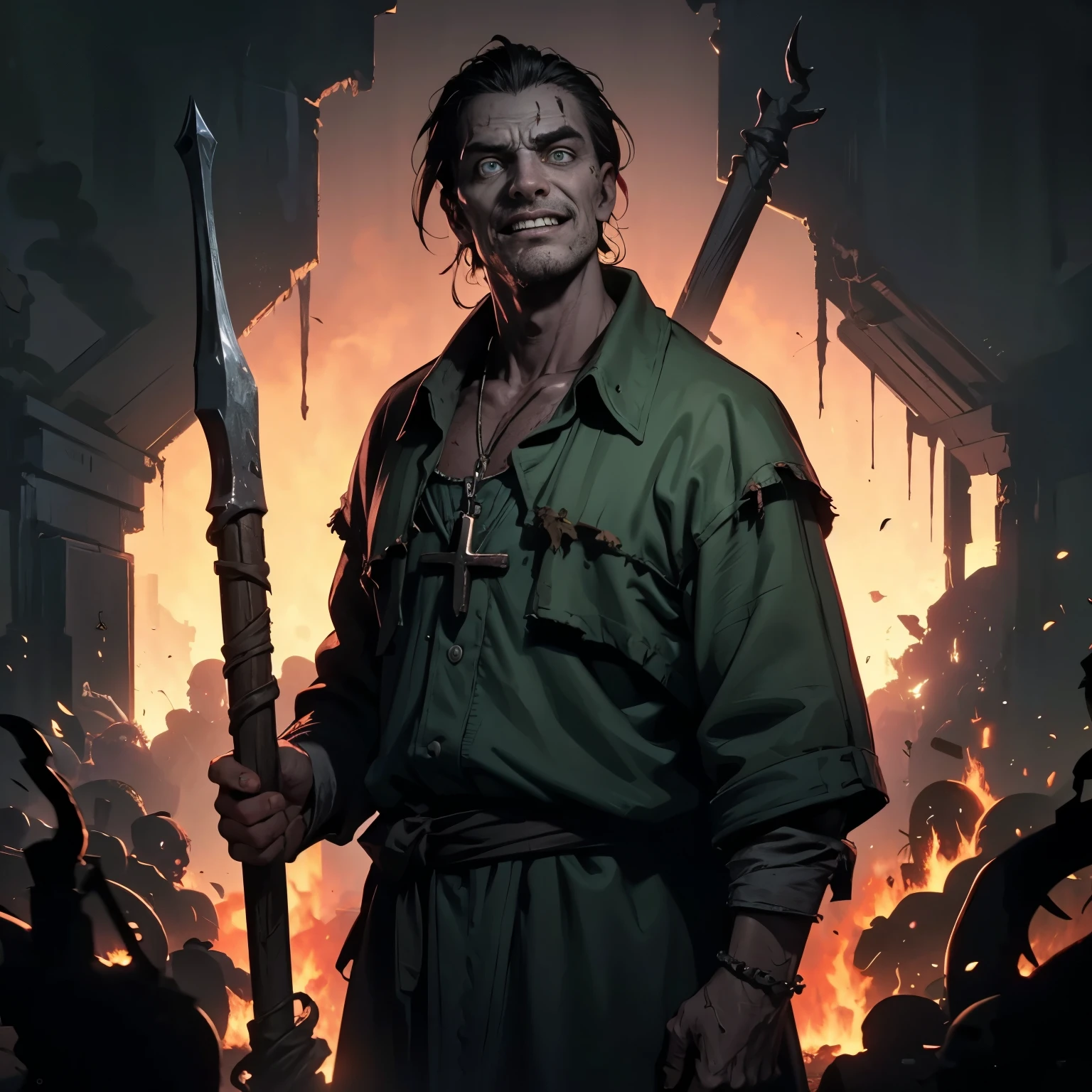 dark theme painting of a horrific setting in the style of Zdzislaw Beksinski, dreamy and ethereal, expressive poses, big blue eyes,sinister,scary,wild. A nightmarish masterpiece, 40 year old muscular preacher holding homemade spear, green robe, darkpriest with iron cross neckle, smile on face, wkstyle, the fires of hell a with zombies moaning in pain in the background,the fires of hell a with zombies moaning in pain in the background,