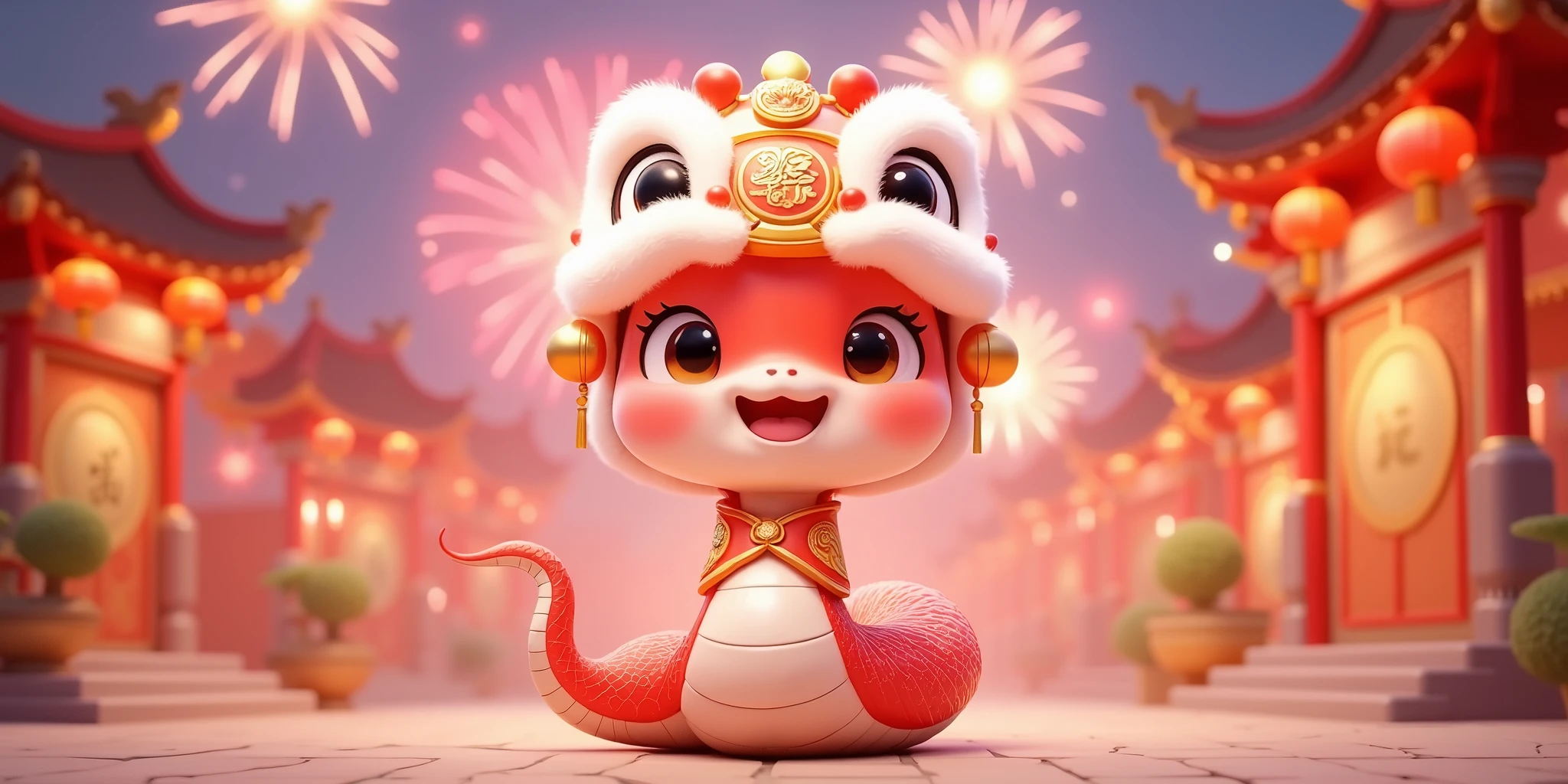 Design a blind box toy featuring a cute snake baby, ing playfully. The snake is wearing a traditional lion dance hat and is dressed in vibrant red clothing adorned with gold decorations on both the head and body. It has a long and smooth snake tail at the back, with white scales shimmering under the light. The background features a festive nighttime scene with dazzling fireworks bursting in the sky, colorful firecrackers lighting up the atmosphere, and traditional red lanterns floating around. Ancient Chinese architectural elements, such as intricate rooftops, stone pillars, and lantern-adorned gates, add depth to the festive setting. The ancient structures, with their detailed patterns and red-and-gold accents, enhance the New Year celebration vibe. The soft pink hue of the background complements the bold red and gold tones of the snake, while the festive elements bring warmth and joy. The character stands happily in a standing posture, winking with a cheerful expression, capturing the joyful spirit of the occasion. The design is in Popmat style, with intricate details, studio lighting enhancing the 3D effect. Shot from the front view, with a clean and lively atmosphere, rendered in 4K for a sharp, high-quality finish