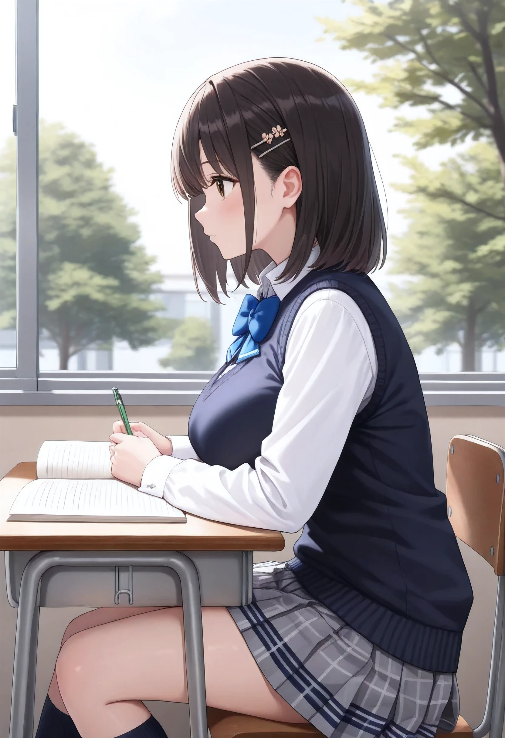 (ultra detailed),(from side,profile),( pretty girl, ), (Studying at my classroom desk,椅子に座る),(navy blue knitted vest , white long sleeve shirt , Gray Plaid Pleated Skirt,  black knee high socks, blue bow, school uniform),  big breasts,  black hair,  Medium Hair,  hairpin, brown eyes,  realistic ,window,tree,(super detail, high details,   highres, 8k, best quality, masterpiece, extremely detailed CG, clear, ultra high resolution, accurate, perfect anatomy,super detailed skin, beautiful detailed face, beautiful detailed eyes, beautiful detailed hands)