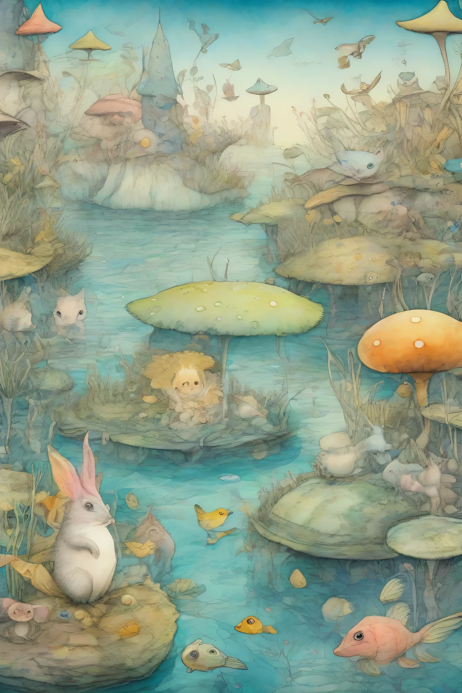 Strange Animals in Wonderland, plush chibi-style, ultra-surreal, large guileless animals, pastel colors, watercolor style, never before exhibited, 8K resolution, high detail, dream story, underwater Japanese garden, Paul Klee, Jean-Baptiste Monge, Arthur Rackham, Bryan Fraud Matte painting, Wren's picture book style