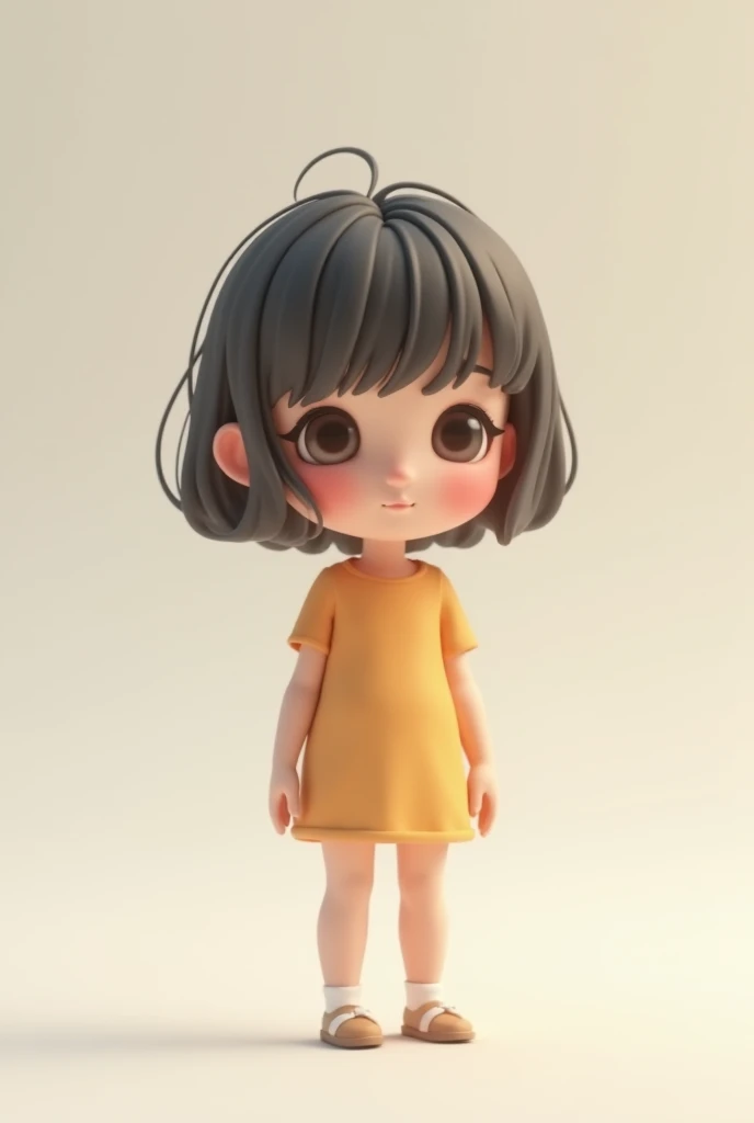 Cute with medium-length dark hair with straight bangs, green eyes, wearing long plain white tshirt, with nea, 3D Rendering, solid color background, specific, chibi anime, surrealism, cartoon style, full-body shot, super detail, anatomically correct, masterpiece, precise, t-pose