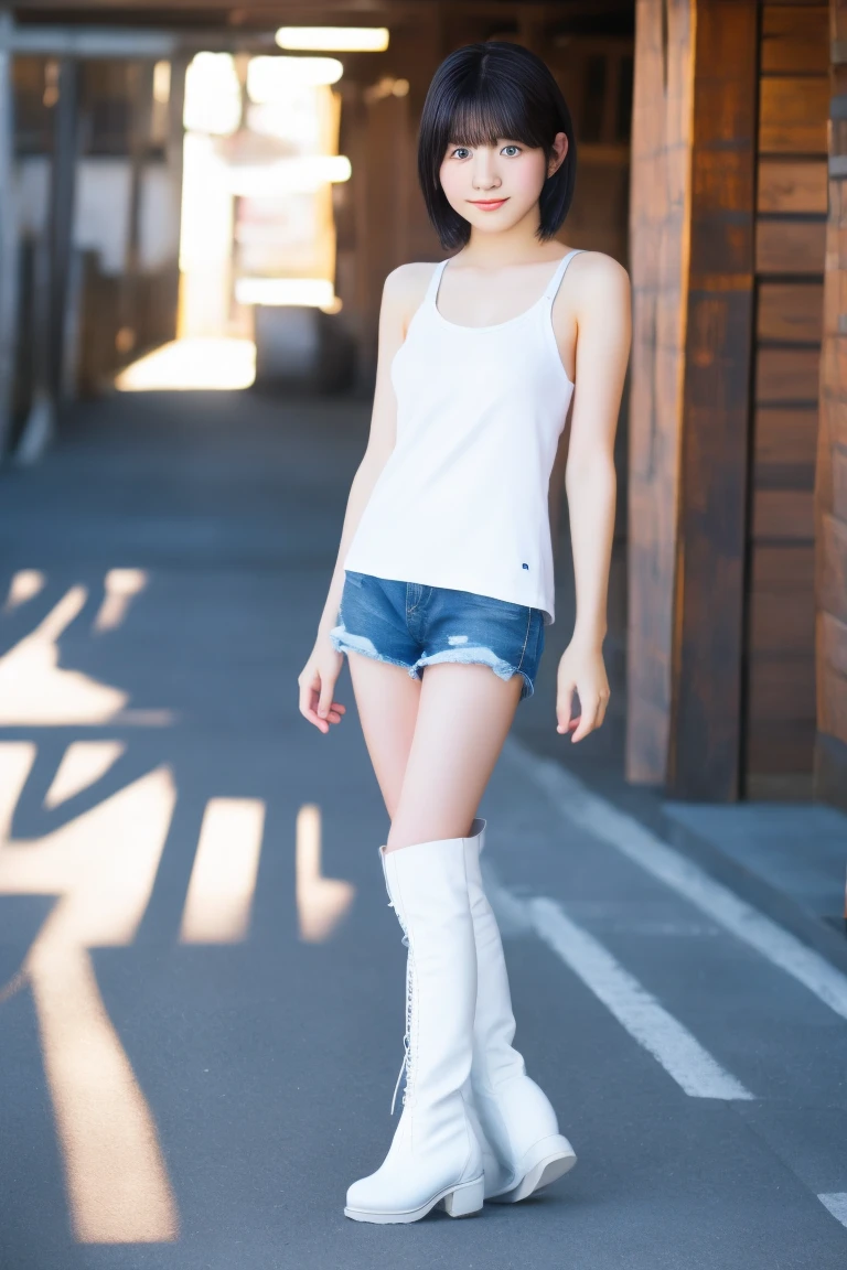 one woman, bob cut, short hair, white crop top, short blue jeans, black pantyhose, full body, standing