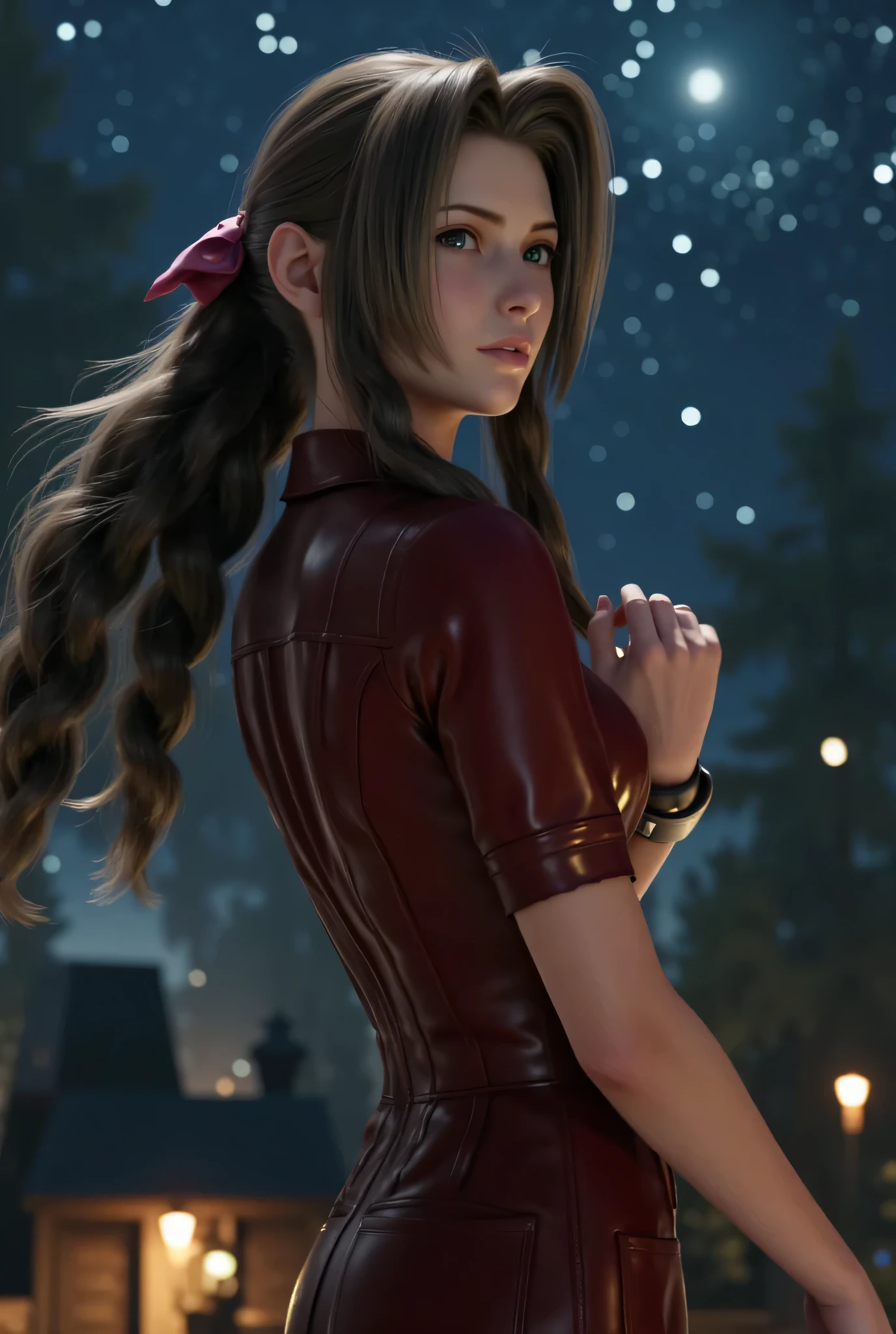 Final Fantasy VII Characters、 Aerith Gainsbourg Standing , Night Time , pray. Image Style Manga Details Accurate , 8K quality.latex suit,latex skin