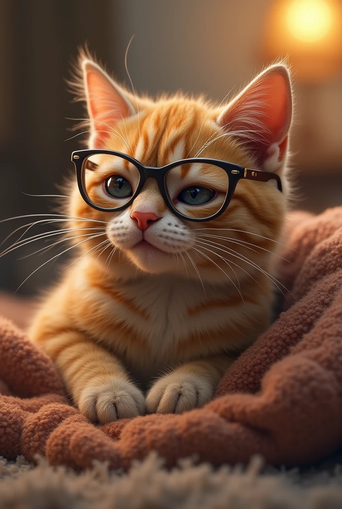 Cute cat with Pencile drafting a sheet on table cat is wearing transparent glass