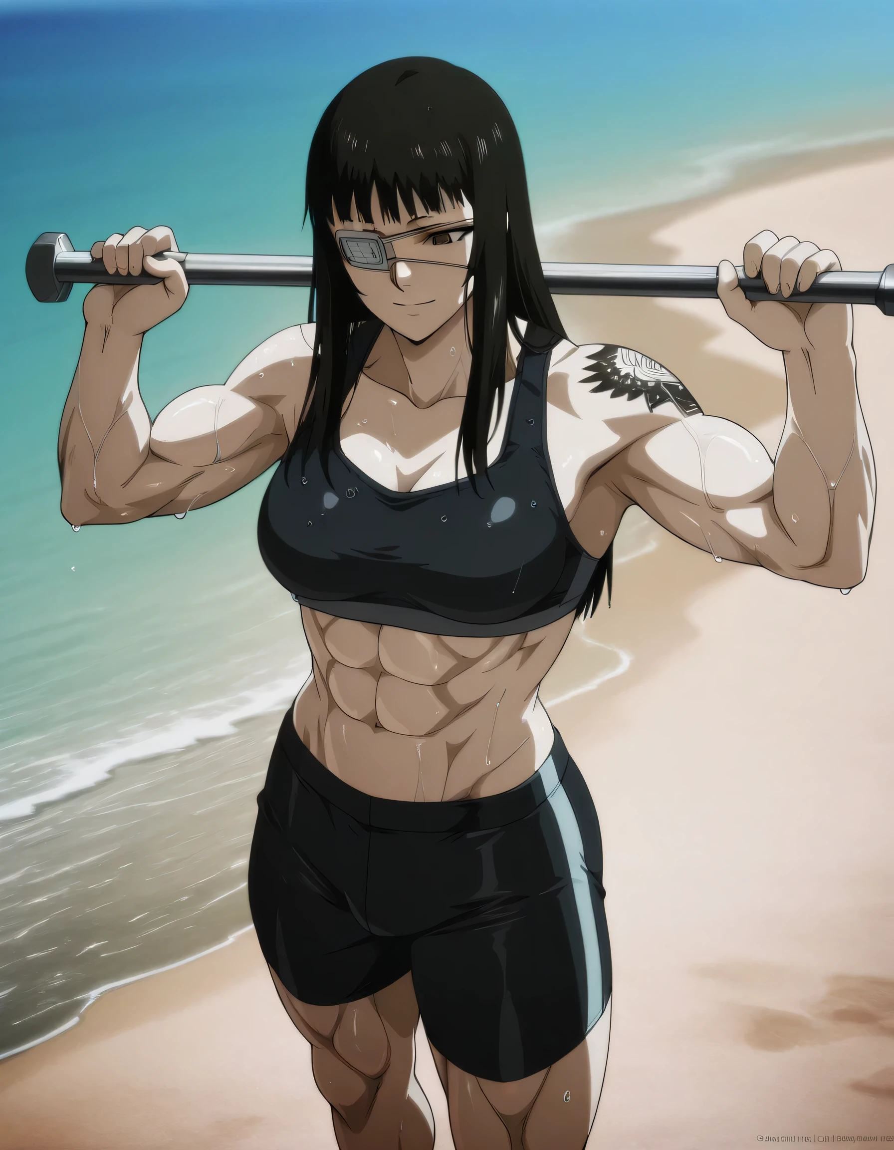 1girl,solo,mm,mature female,black hair,eyepatch,brown eyes,medium breasts,anime coloring,long hair,
muscular,black tight sport bra and black tight sport Elastic shorts,cowboy shot, , wet,beach, tattoo, 
,masterpiece,best quality,amazing quality,,muscles and,muscles lines,muscles big size,pelvis muscles,strength muscles looking,dynamic air,Valmet handsome face,Shining abs and shoulders,eight-pack,iron muscles,Bulge between legs indicates  non erect penis in shorts,Barefoot, sporting attractiveness sexual attractiveness,Valmet raises her hands up. , ,sexual muscles,light smile,holding metal rod up,armpits appear, standing 