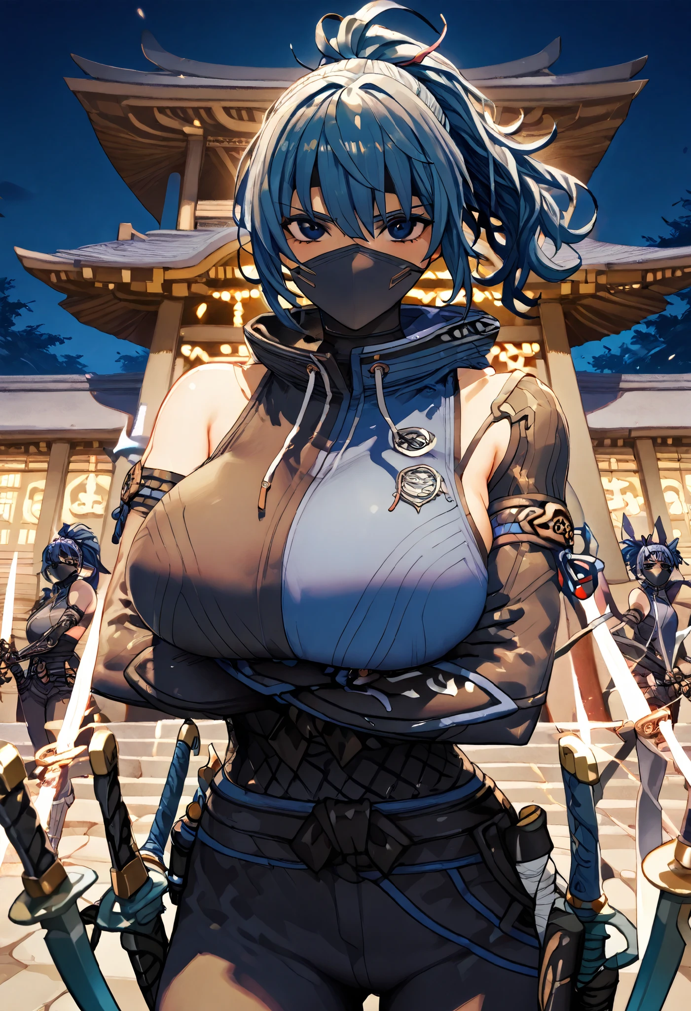 NSFW, best quality 、masterpiece、、 blue hair 、 ponytail、(),huge breasts、、(Trending on pixiv:1.5),(Actions using swords:1.5),(相手をGlare),、(Depict the whole:1.5)、(Glare)、、(View All ),(View the whole picture), blue sleeveless with ramen bowl、 waist、 Night Shrine、Black Mask、 black spats 、( arm-crossed:1.5)