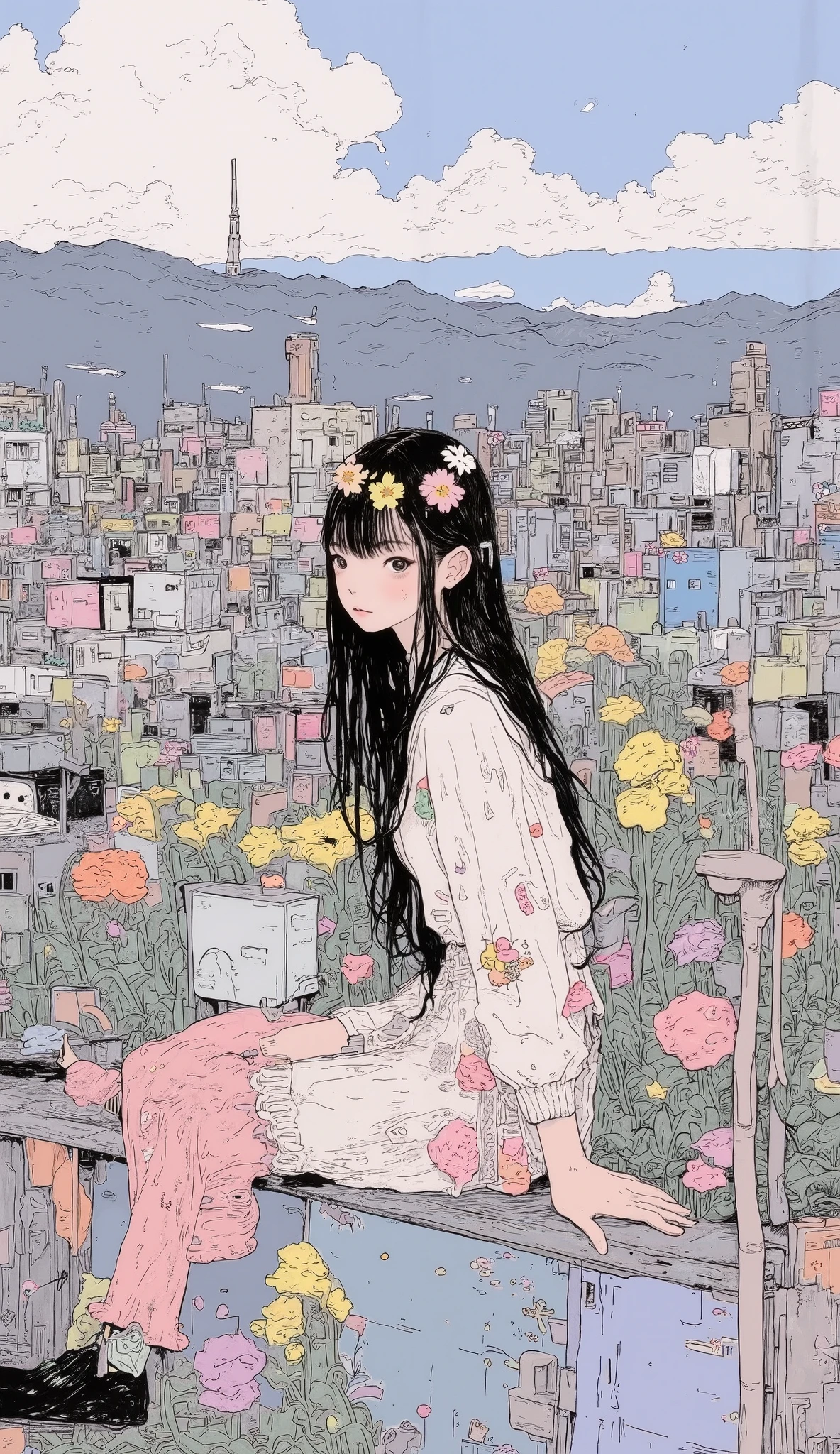 There is a high school girl on the roof of the school , roof with fence ,Black long hair, bangs with lots of flowers 、 If you look at the angle , cardigan , rain 、 Looking Up at the Sky , Surrealism , Japanese cartoon style , graphic details , Detailed details ,Portrait of a schoolgirl , full color,Modern cityscape、 Mountain ranges can be seen in the back 、 An open view spreads from the roof, anatomically accurate, high definition ,