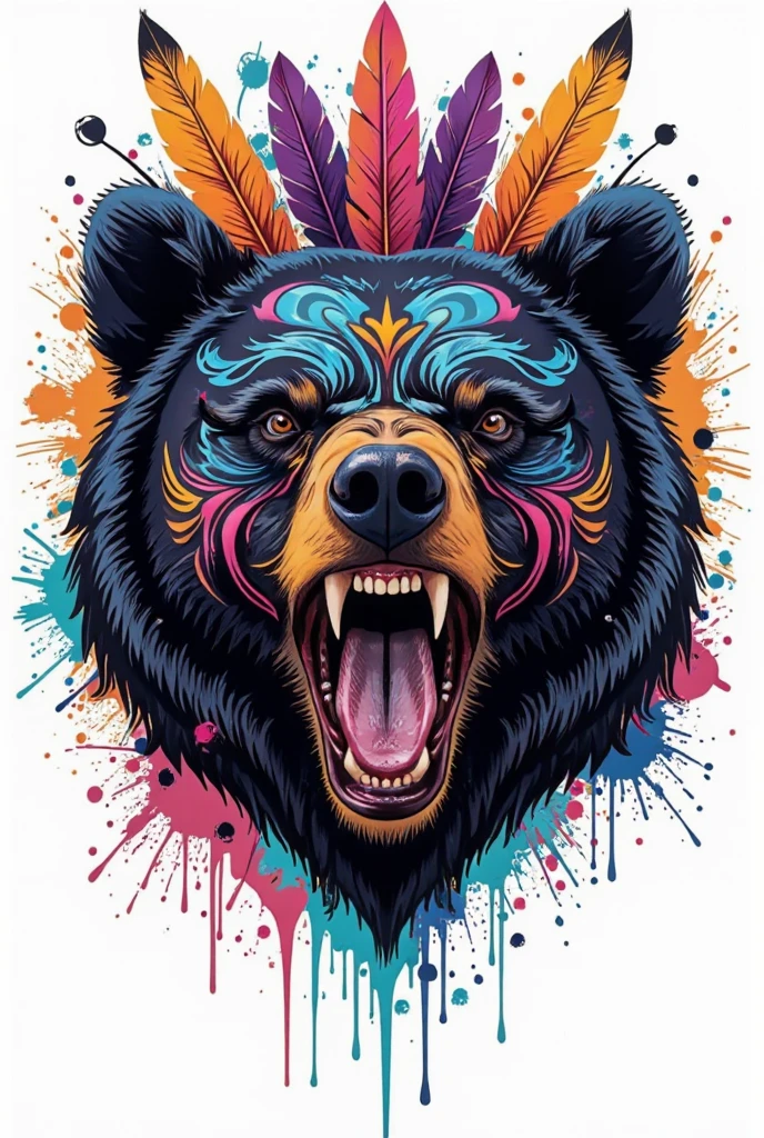 Uma camiseta com arte vetorial downtown, colorful illustration of an angry bear, downtown, White background, swirly vibrant colors, paint splashes and smears, high détail,t shirt design,
(Artwork, best quality, proffesional, perfect composition, very aesthetic, absurdrez, super verbose, Intricate details:1.3)