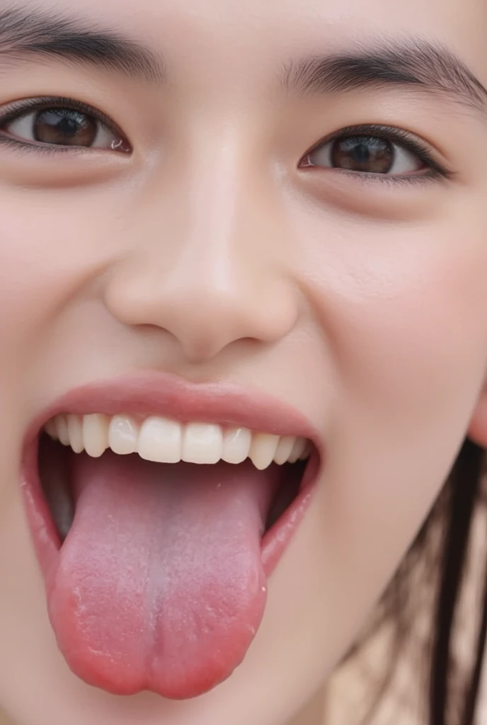 Japanese woman, beautiful girl, gal, blonde, baby face, highest quality realistic skin, eyes in focus, 20 years old, sticking out tongue, focus on mouth, open mouth, long tongue, saliva, open mouth wide, inside of mouth visible, open mouth and sticking out tongue