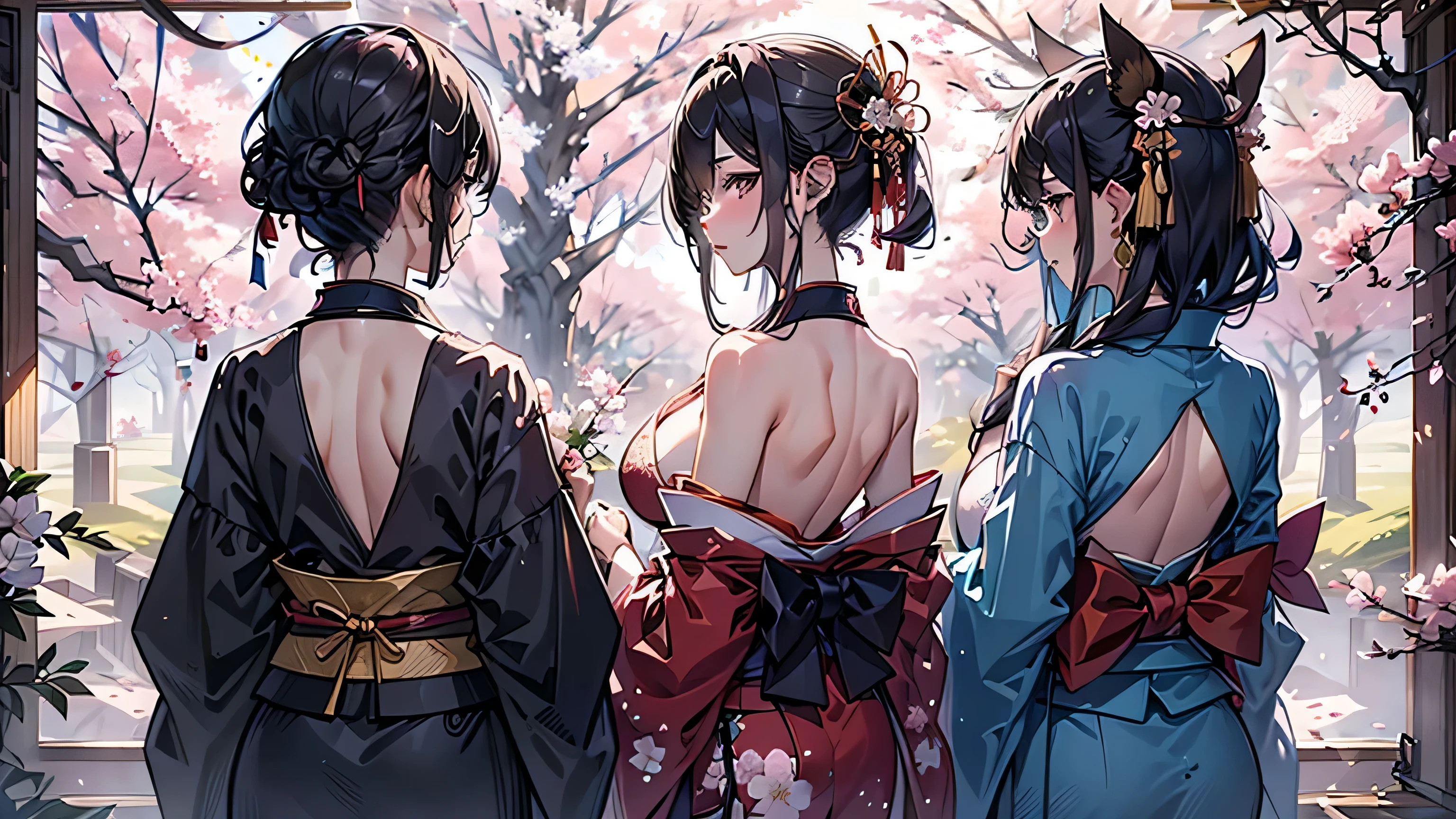 32k,Super fine,masterpiece,best quality,The back view of a Japanese woman wearing a sexy kimono on the Sakura-komichi