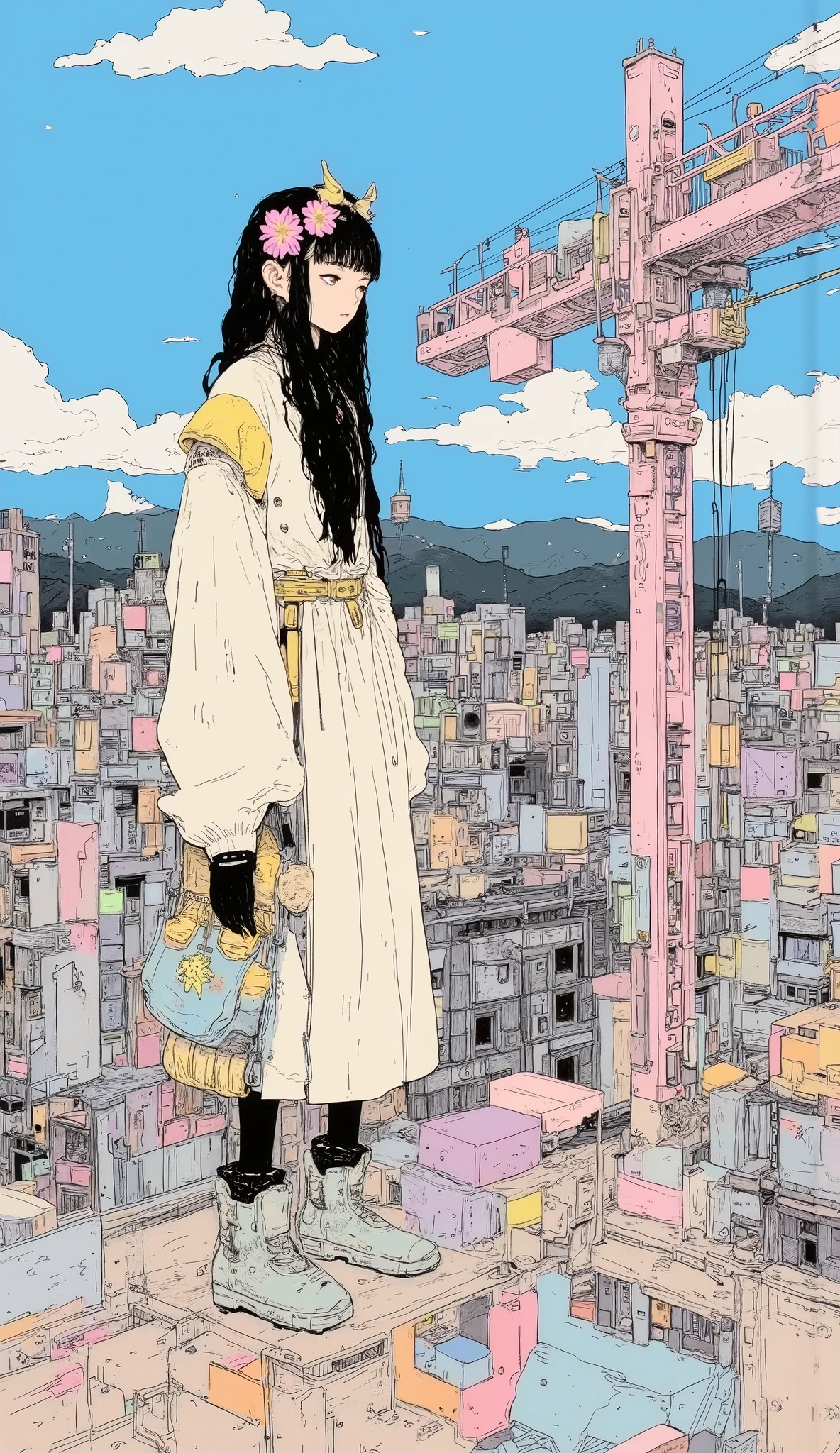 There is a high school girl standing at the top of the crane、Crane working at height ,Black long hair, bangs with lots of flowers 、 If you look at the angle , cardigan , stylish hair , Surrealism , Japanese cartoon style , graphic details , Detailed details ,Portrait of a schoolgirl , full color,Modern cityscape、 Mountain ranges can be seen in the back 、 An open view spreads from the roof, anatomically accurate, high definition ,