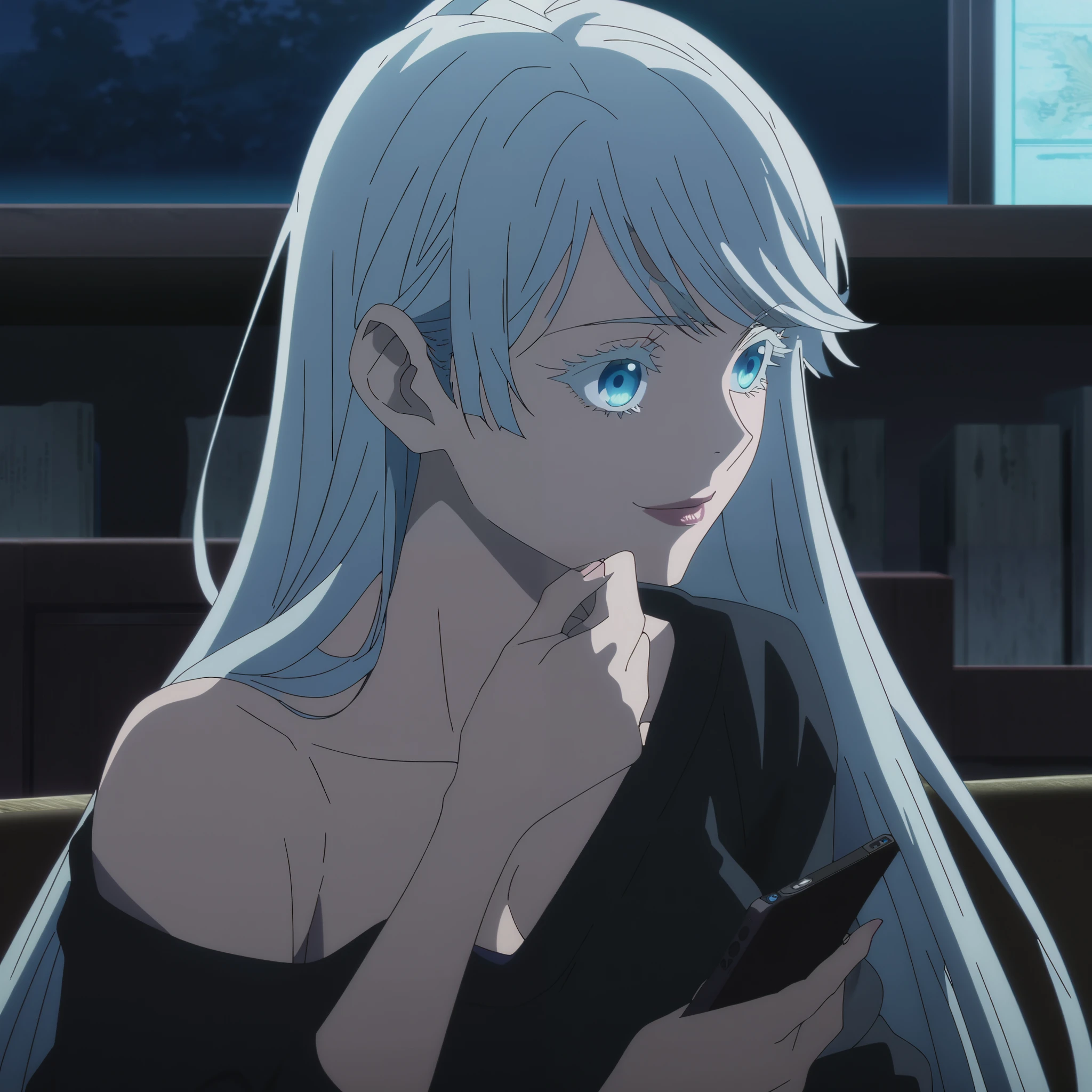 1girl, female gojo satoru, anime screencap from jujutsu kaisen, gojo satoru female version, solo, very long_hair, ((smooth texture hair)) blue eyes, ((white eyelashes)), ((very long white_hair)), night view, breasts, upper_body, smile, indoors, book, bangs, blue_eyes, lips, (wearing round sunglasses) (( ver y long hair, swept bangs)) wearing black color sweater off the shoulder, breast, "very detailed and high resolution" (blue eyes) ((one hand on the chin)) ((smooth texture hair)) ((solo)) ((high resolution)) ((upper body)) (Good quality) cleavage, (sitting),right with a Phone and listing from other side
