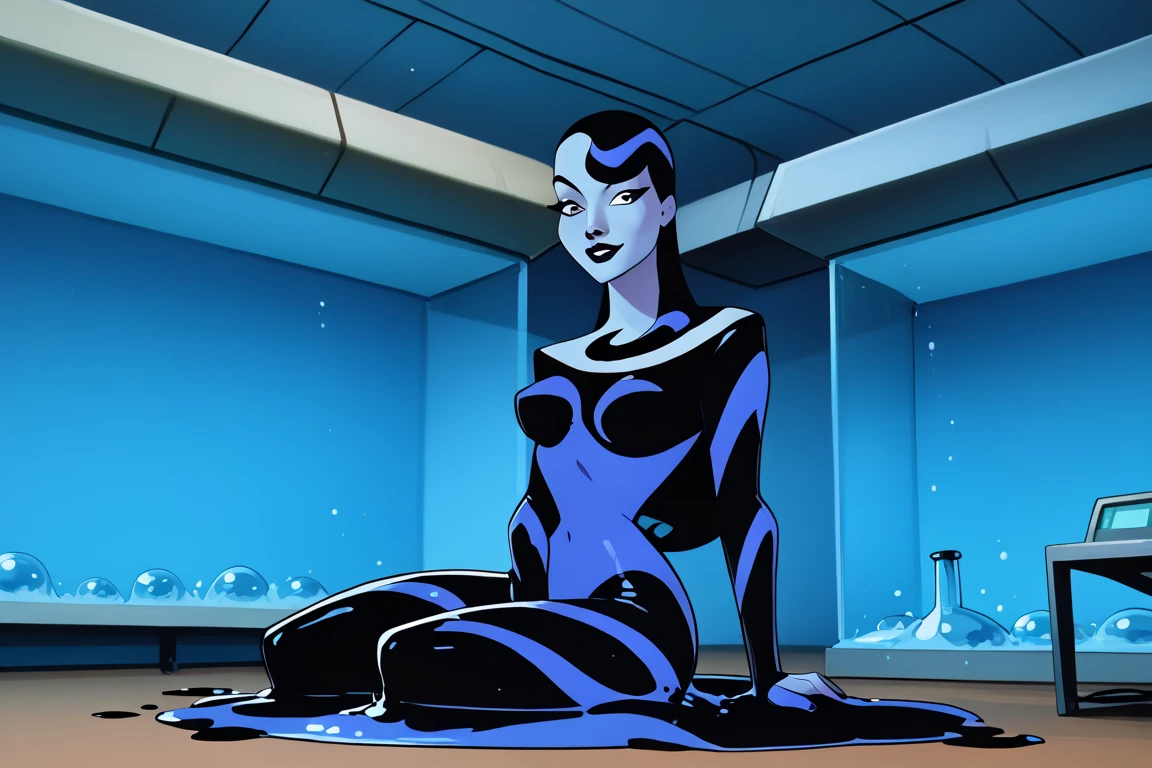 Explosion In science lab. Night, obscure. One girl is inside a stasis tank. Il y a énormément de slime noir qui coule d'un tuyau géant en une rivière de slime noir, A woman. La scène se passe dans des gallerie d'égouts. Masturb herself. Close up shot. 1girl, sex, horizontal position. allongée sur le ventre,, have lonely sex. Self Masturbation. Ses fesses sont très courbes et bien modelées. Sa main est entre ses jambes. Sex. Gros seins. arrière-plan détaillé, melting black liquid slime, cowboy shot, (pose dynamique:1.1), dynamic angle, from side, d'en bas , pose mignonne, plan large, 
 , peau colorée, peau bleue, cheveux noirs, cheveux longs, yeux noirs, wear a black and blue slime catsuit. The catsuit is melting into black liquid slime. A giant black slime puddle is under her. Il y a énormément de slime noir qui coule d'un tuyau géant en une rivière de slime noir