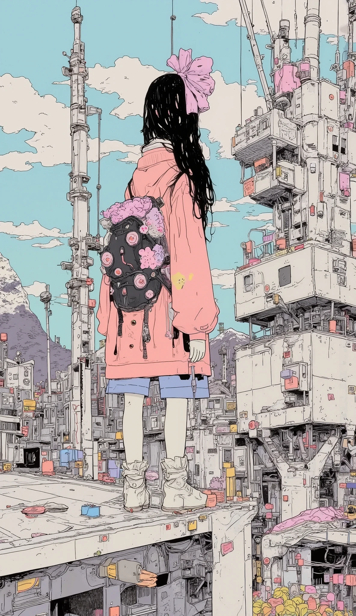  There is a high school girl standing at the top of the crane、Crane working at height  ,Black long hair,  bangs with lots of flowers 、 If you look at the angle  ,  cardigan , stylish hair ,  Surrealism  ,  Japanese cartoon style ,  graphic details  , Detailed details  ,Portrait of a schoolgirl  ,  full color,Coal mining town、 Mountain ranges can be seen in the back 、 An open view spreads from the roof,  anatomically accurate,  high definition ,