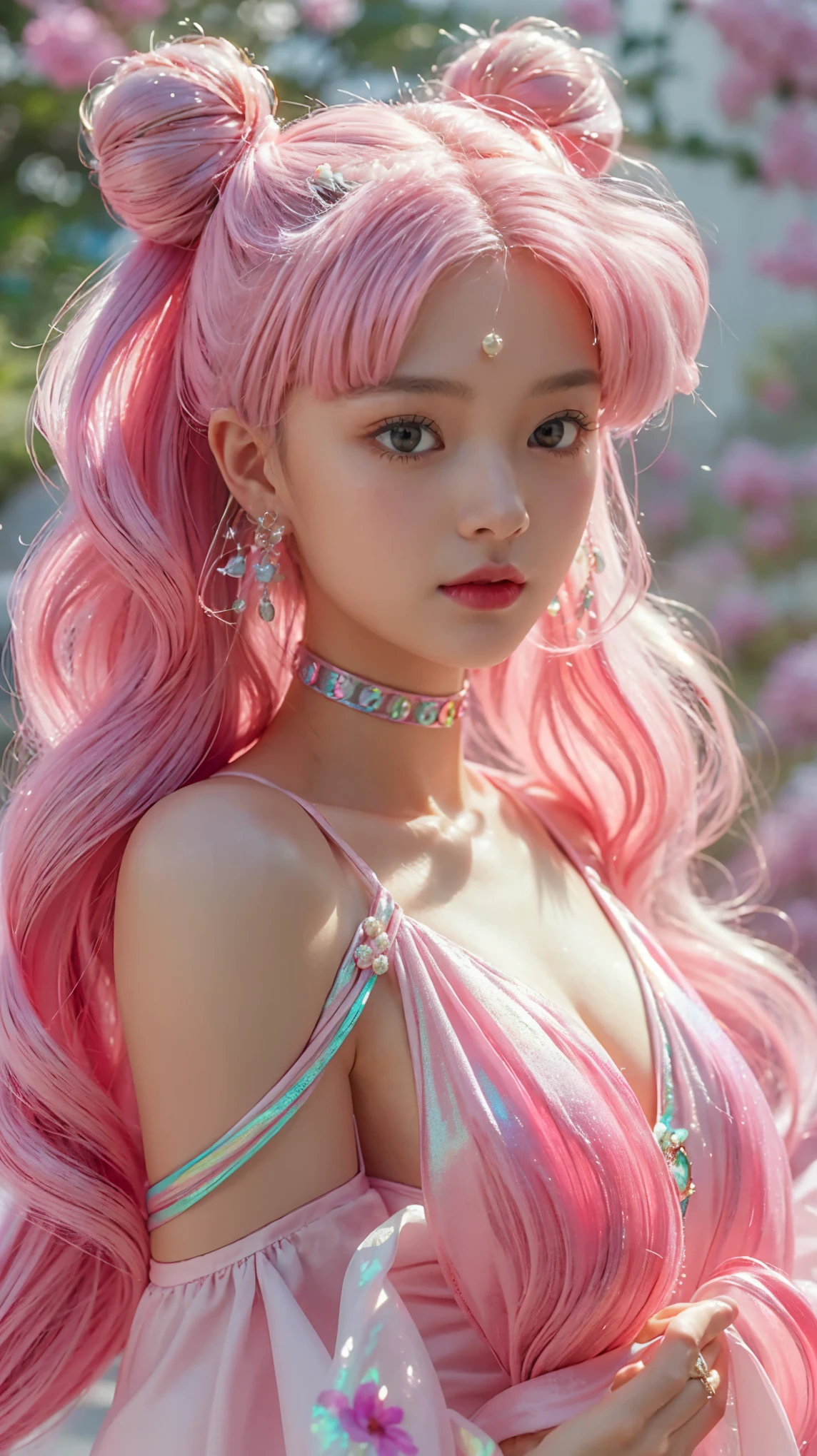 A highly realistic depiction of a young Japanese woman with long, flowing pink hair styled in twin buns, inspired by anime aesthetics. Her skin glows with a soft radiance, featuring delicate highlights and rosy cheeks. She is adorned with an elegant crescent moon symbol on her forehead and accessorized with golden crescent earrings and a choker featuring a pearl pendant. She wears a shimmering pink satin dress with iridescent details that catch the light beautifully, emphasizing the luxurious texture. Her large, expressive green eyes gaze softly forward, surrounded by long, fluttering lashes. The background features a dreamy, blurred garden filled with blooming pink flowers, creating a magical and ethereal atmosphere.