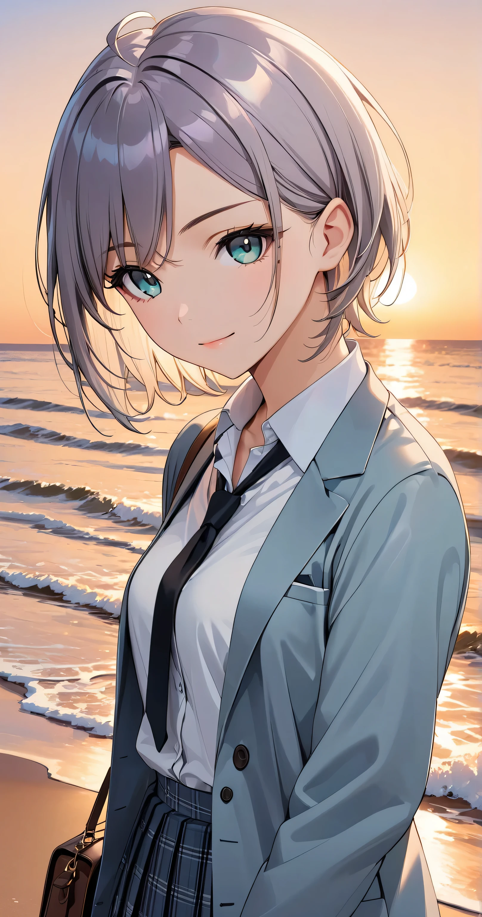 She is A beautiful girl
This portrait is drawn in 2D anime style.
This portrait is drawn in a tight frame with full body and frontal portrait.
She has a well-balanced body with 8 heads.
She is standing in a natural pose on the beach at sunset.
She is wearing a school uniform blazer.
She is wearing a light blue cardigan under her blazer.
She is wearing a light blue cardigan and blazer over a dress shirt.
She is wearing the school uniform skirt.
She is wearing navy blue calf socks and loafers.
She has one collar of her dress shirt open and a simple black tie tied loosely.
She is wearing her school uniform and standing in a natural pose on the beach as the sun sets.
t_asakura,
(medium breasts),
aqua eyes, very aesthetic, absurdres,
light purple hair, neat short hair, ahoge, low hair volume (natural:1.3), side undercut (minimal:1.2), long nape (enhanced:1.2), (Shiny Hair:1.2), glossy hair, multicolored hair, parted bangs, sleek and casual hairstyle with soft layers,
white shirt, bag, bracelet, (white shirt and gray plaid skirt),
light smile, looking at viewer,
masterpiece, best quality, ultra-detailed, 8k resolution, illustration, perfect anatomy, 1girl, nice hands, perfect hand.
sharp focus, crisp details, vibrant colors, beautiful face, detailed eyes, solo,