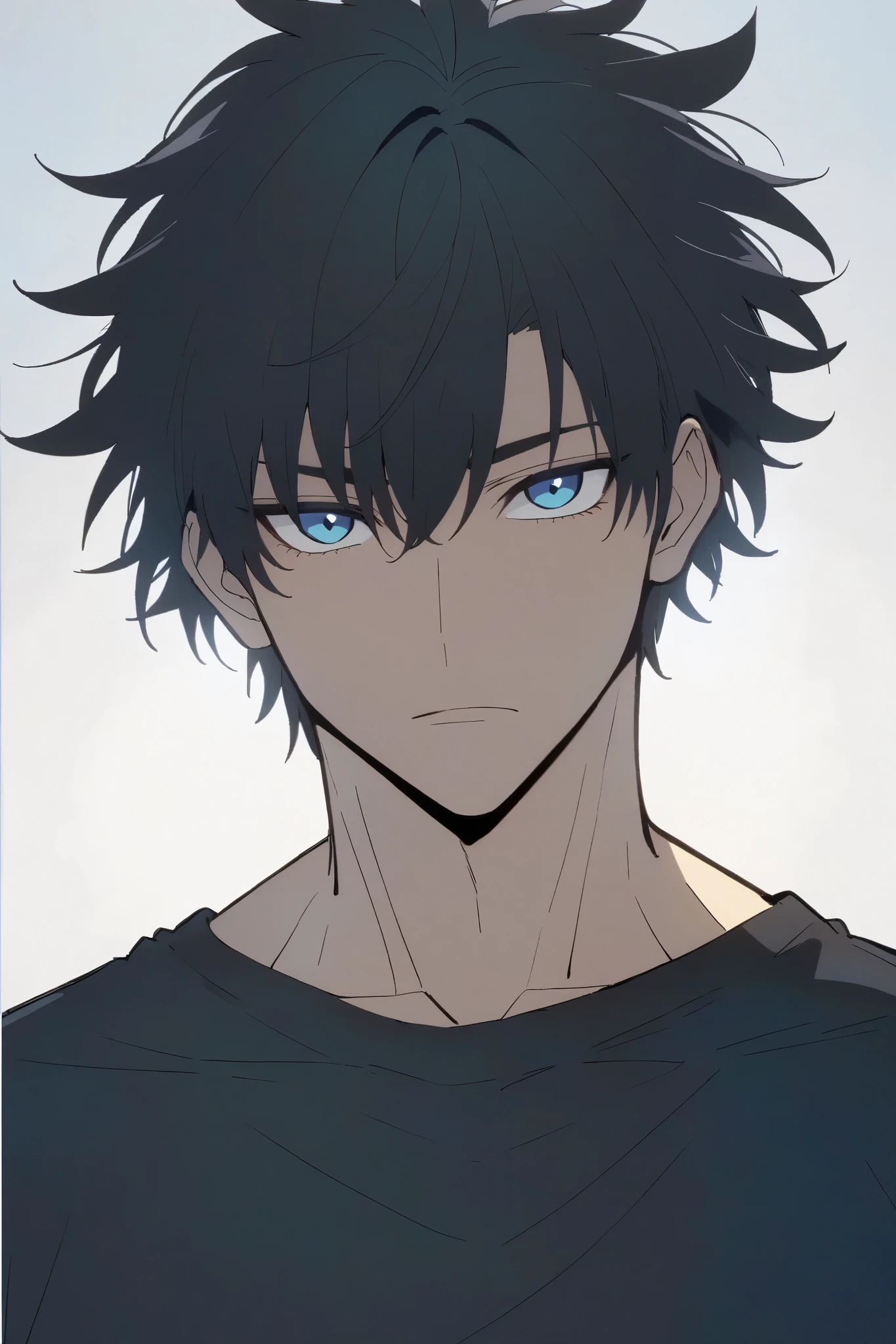 Handsome, solo, male, tall, toned, Gojo hair, black hair, blue eyes, black t-shirt, broad shoulders, looking at viewer, facing viewer, simple background, white background