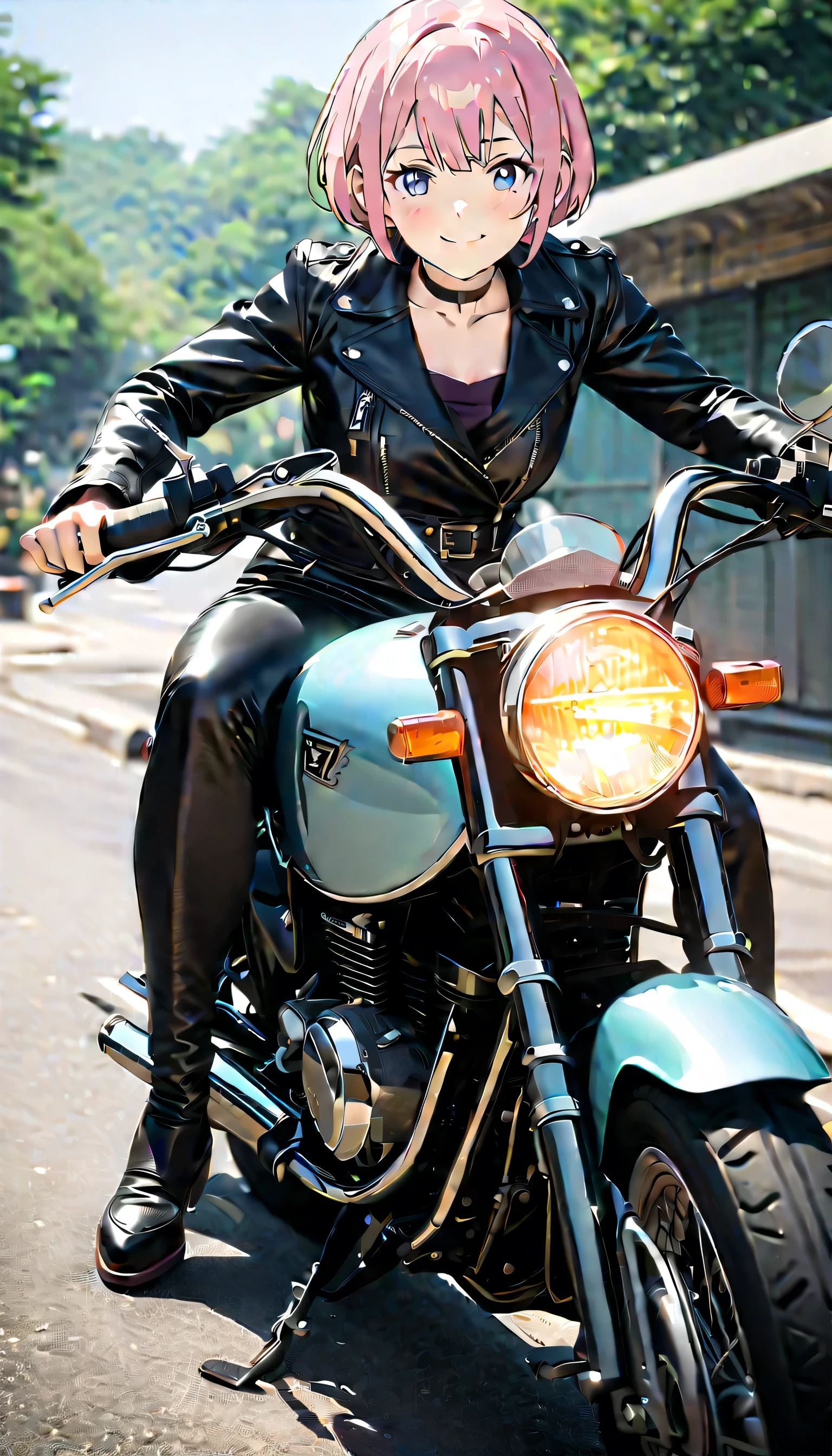 (Highest quality, 4K, 8k, High resolution, masterpiece:1.2), Very detailed, Picturesque, Anime-style photos, Photo animation:1.37)、Japanese、(Pink Hair)、(Pixie Cut)、smile、Black choker、leather jacket、Leather pants、Riding a vintage motorcycle、whole body、Nakano Ichika
