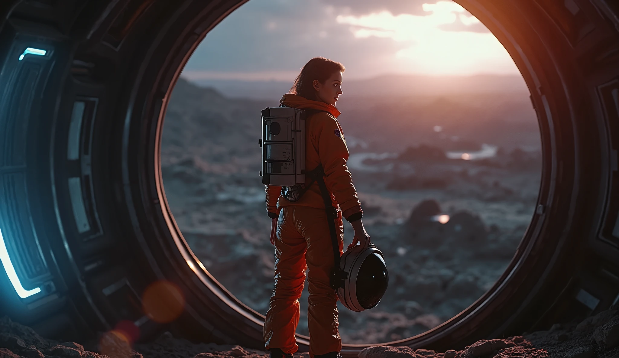  A cinematic composition ,  inspired by a science fiction film, . Beautiful 24-year-old woman has her back to the camera and from the inside she looks outside through the large window,  dressed in a space suit  ((detailed spacesuit)), She is not wearing a helmet ,  she wears the helmet in her hand ,  she is beautiful , The space suit is orange like in 2001 Space Odyssey , (( cinematic quality )) Alien Pact 