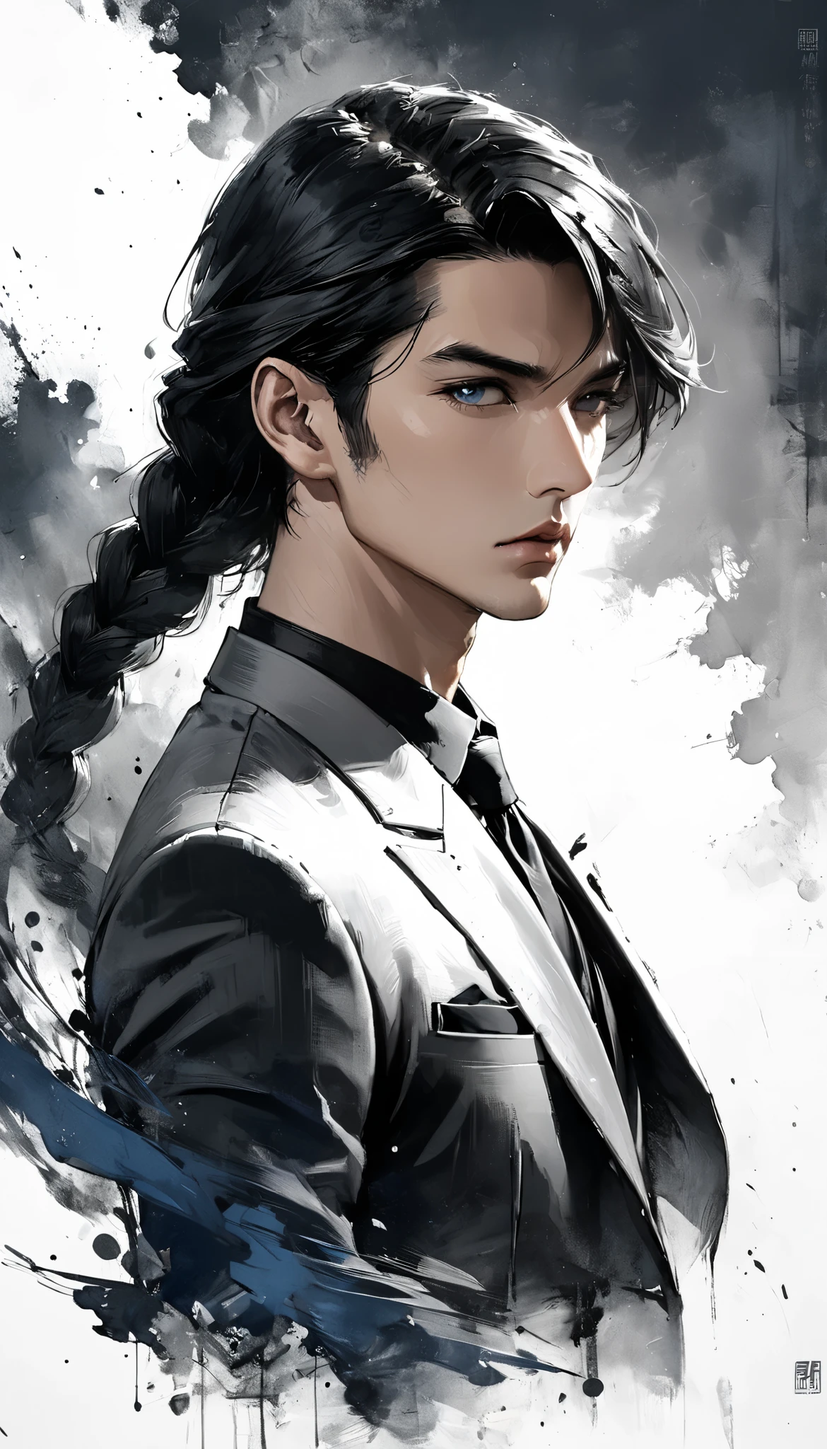 Neo-noir futuristic art style, waist-up, proportional body, semi-realistic anime-style of man. Mature man, aged 23, long black hair, long bangs, middle-parted, slightly swept to the side, flowing down to the shoulder, braided behind. Warm tan skin, slight golden undertone, sharp symmetrical face, soft yet defined jawline, clean-shaved. Eyes slightly upturned, almond-shaped, bright blue color eyes, intense and focused expression. Thick, naturally arched eyebrows, long dark eyelashes. Small, slightly upturned nose, full lips, neutral expression, rebellious yet calm demeanor. Tailored white suit with subtle intricate patterns, black undershirt, no tie, top buttons slightly undone, elegant yet rebellious vibe. Traditional folding fan, intricately carved with ancient Chinese motifs in dark wood, fabric deep black with silver trim, commanding yet subtle aura. Soft lighting enhancing contours of face, highlighting blue tones of suit. Blurred urban background subtly emphasizing independent, confident aura. Clean background. Black, white, and blue, anime style, Chinese theme, hyperdetailed, ultra quality, 4k, intricate lighting, chiaroscuro, white background with one color ink spots, drawing stroke made with 0.5mm pen, perfect drawing lines.