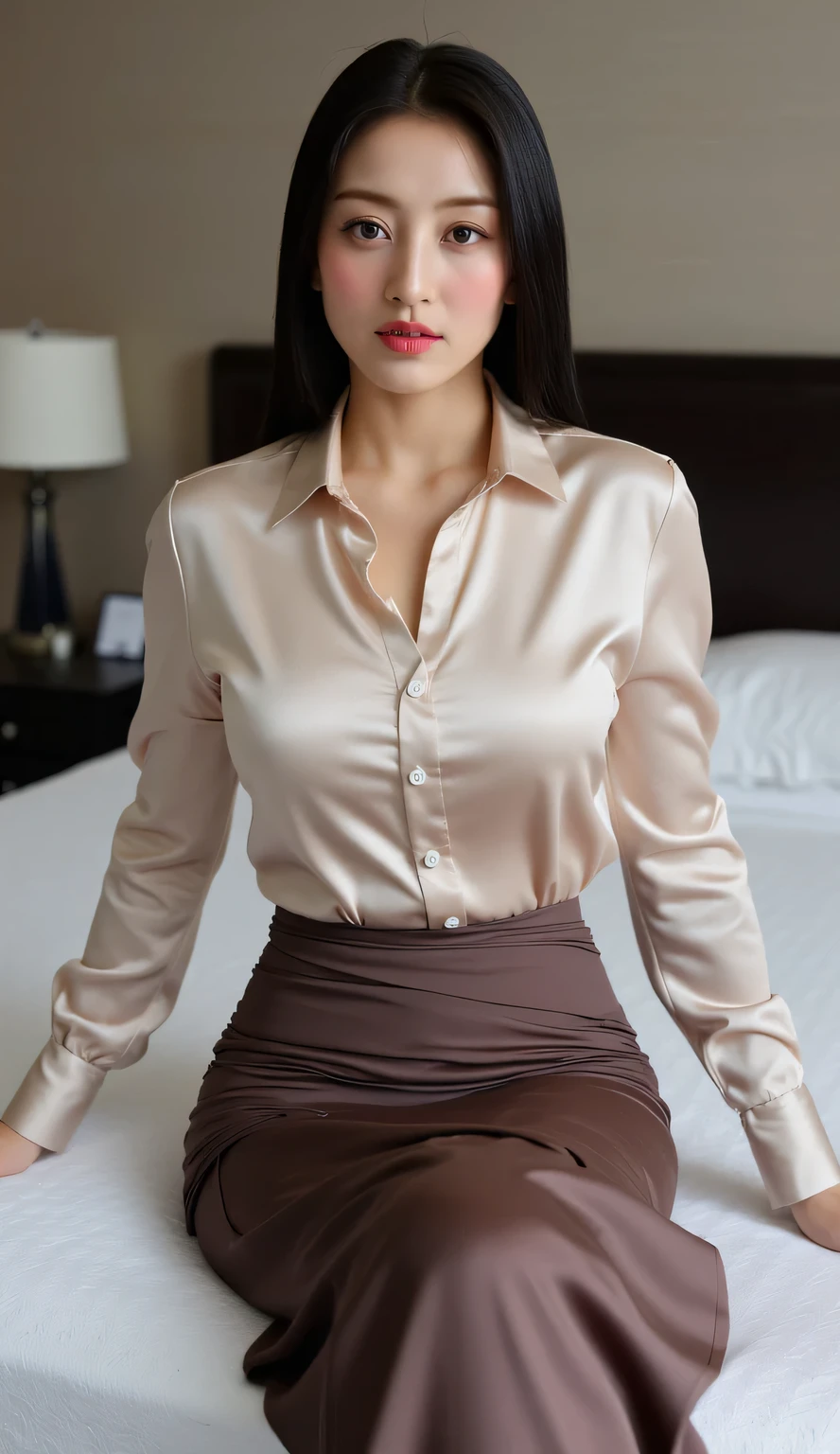 an office lady, sitting pulled over on the mattress leaning with both hands, front facing body and legs, visible from head to toe, using a long formal shirt up to the butt of light beige satin material, Use a long skirt to the toe maxi model of satin material of dark brown color, big boobs, Ideal body shape , red lips
