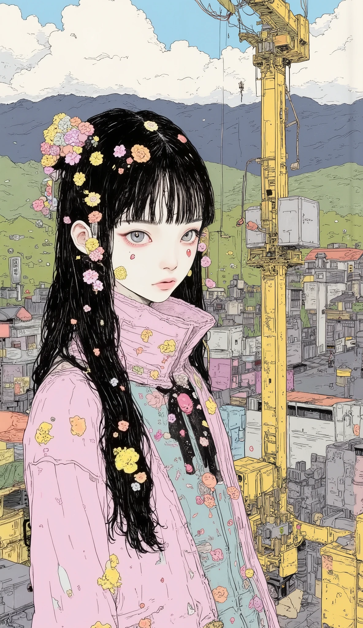  There is a high school girl standing at the top of the crane、 upper body、 close-up 、Crane working at height  ,Black long hair,  bangs with lots of flowers 、 If you look at the angle  ,  cardigan , stylish hair ,  Surrealism  ,  Japanese cartoon style ,  graphic details  , Detailed details  ,Portrait of a girl  ,  full color,Coal mining town、 Mountain ranges can be seen in the back 、 An open view spreads from the roof,  anatomically accurate,  high definition ,
