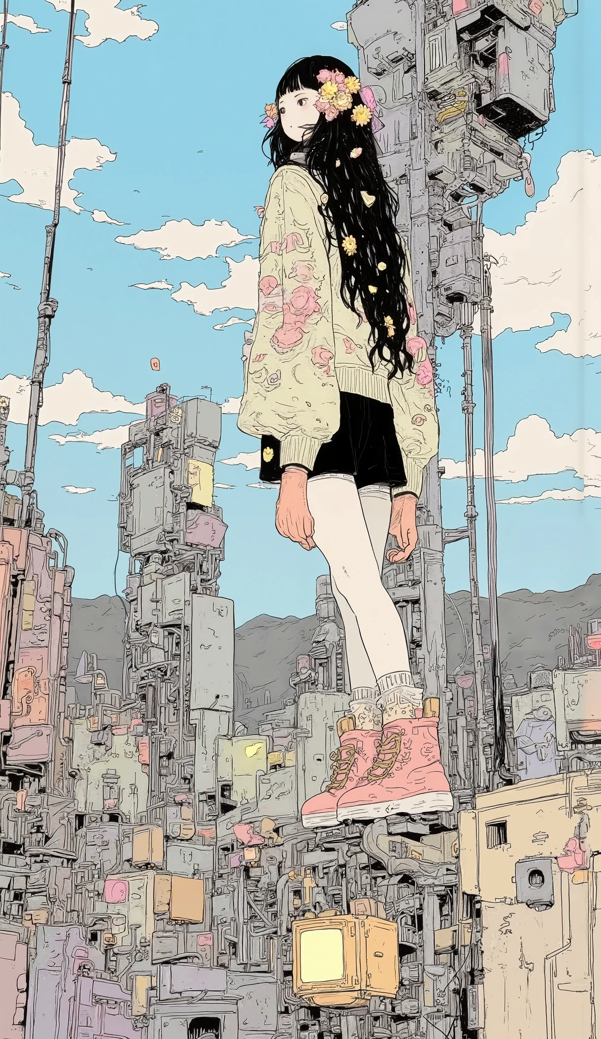  There is a high school girl standing at the top of the crane、 upper body、 close-up 、Crane working at height  ,Black long hair,  bangs with lots of flowers 、 If you look at the angle  ,  cardigan , stylish hair ,  Surrealism  ,  Japanese cartoon style ,  graphic details  , Detailed details  ,Portrait of a girl  ,  full color,Coal mining town、 Mountain ranges can be seen in the back 、 An open view spreads from the roof,  anatomically accurate,  high definition ,