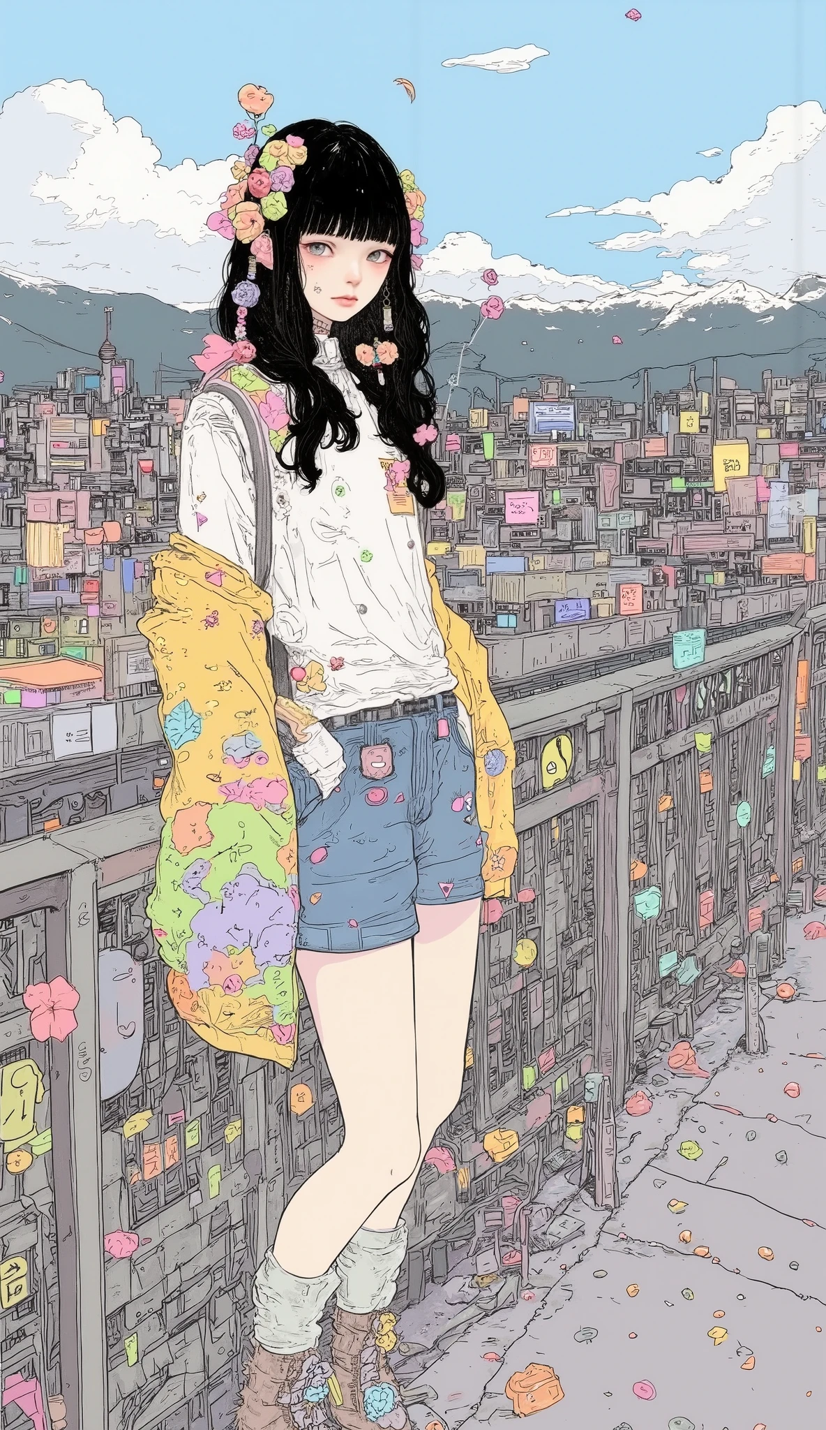 There is a high school girl standing on a pedestrian bridge fence、 upper body、 close-up  ,Black long hair,  bangs with lots of flowers 、 If you look at the angle  ,  cardigan , stylish hair ,  Surrealism  ,  Japanese cartoon style ,  graphic details  , Detailed details  ,Portrait of a schoolgirl  ,  full color,City、 Mountain ranges can be seen in the back 、 An open view spreads from the roof,  anatomically accurate,  high definition ,
