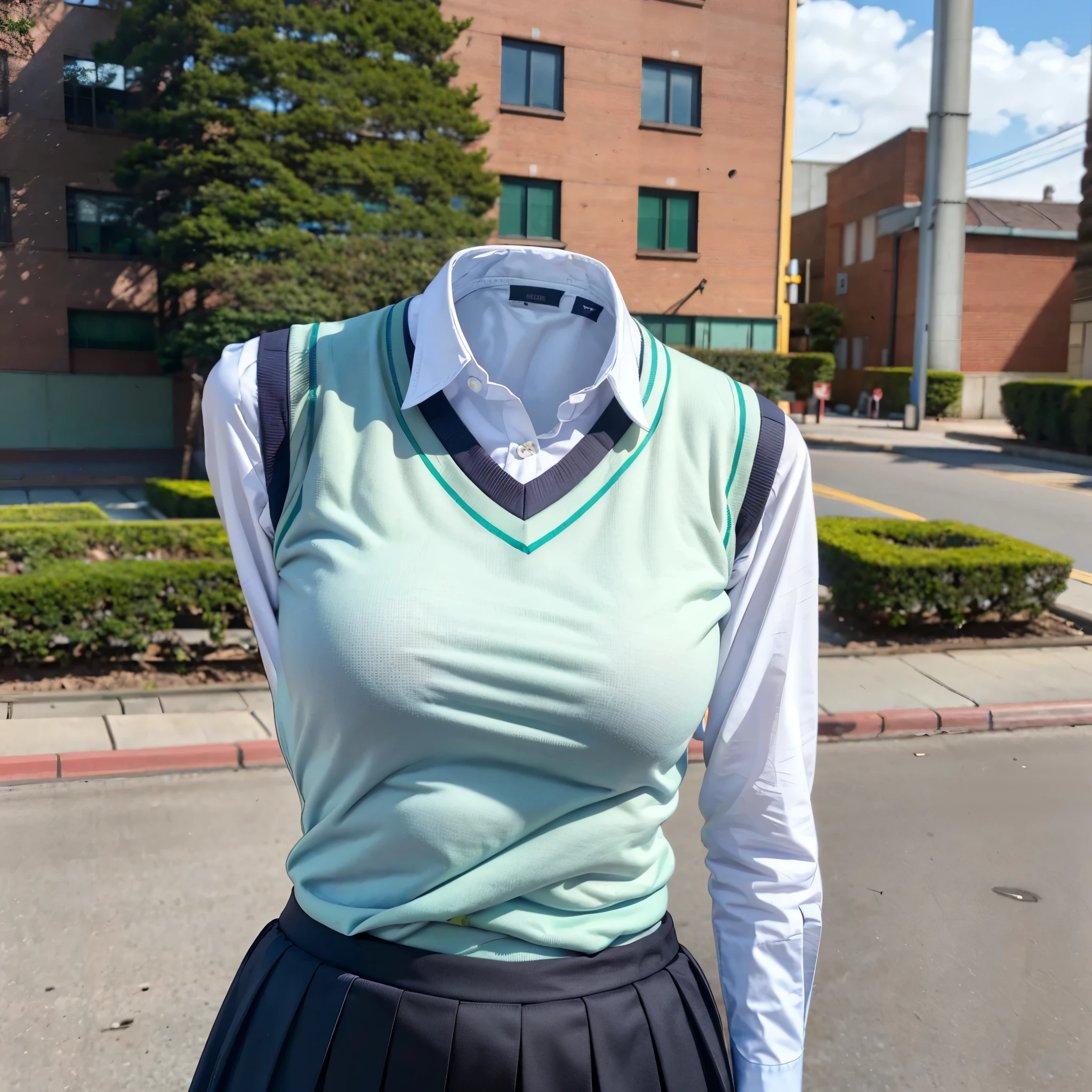 polo shirt, school uniform, classroom, high school, Swayback stance, Overall, (invisible:1.5, no humans:1.5, headless:1.5, faceless:1.5), (cute big breasts), (close-up shot of breasts), (8k, RAW photo, best quality, masterpiece:1.2), (realistic, photo-realistic:1.37), photon mapping, radiosity, ((Hasselblad photography)), physically-based rendering