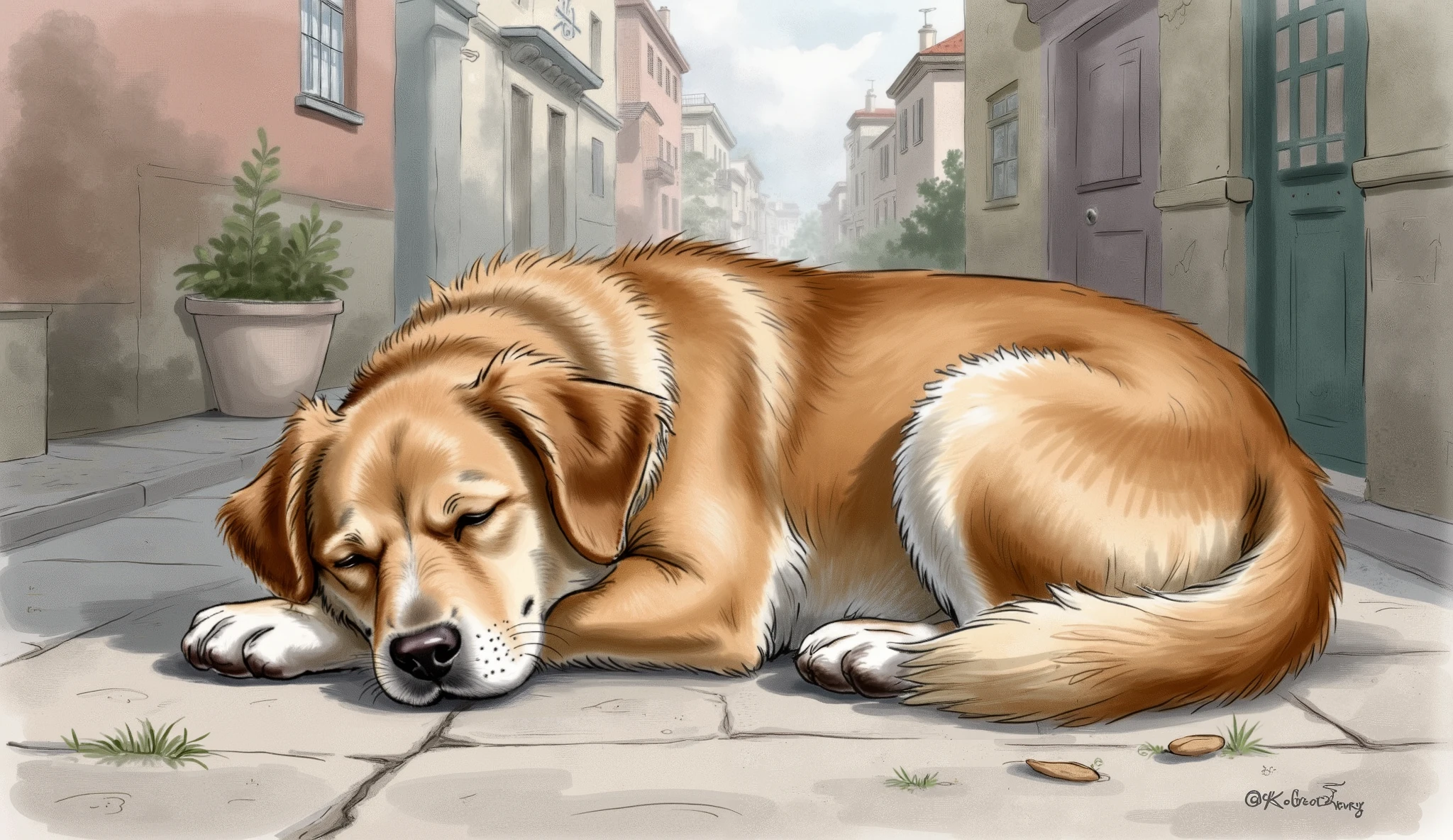 A brown dog sleeping on the street,
(masterpiece best quality:1.2) delicate illustration ultra-detailed,