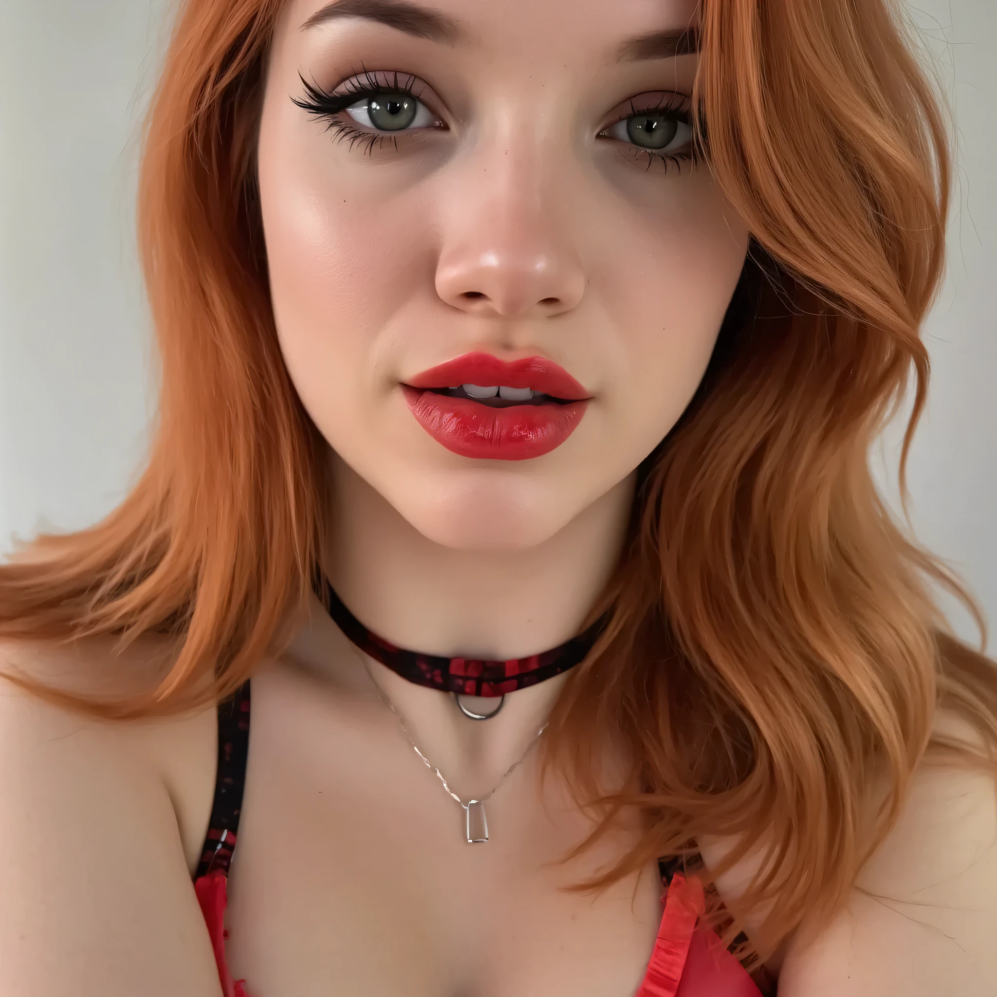  Close-up of a portrait of lips and eyes ,  extremely dramatic , thick eyeliner arrows ,  red shiny vinyl lipstick, Dramatic Makeover, Latex choker,  red hair