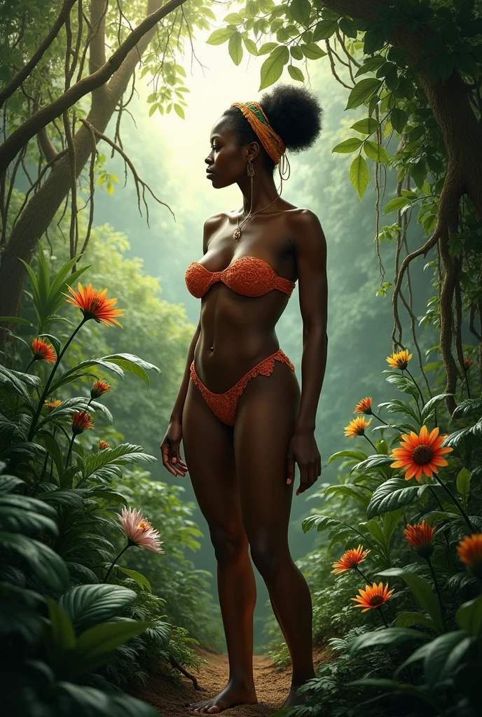 A bikini woman standing in front of a jungle, rendered in Corona, ebony black skin 2.0, smooth 3D CG render, dark skin, futuristic afro, ebony skin, sensual lighting 8K, stylized 3D render, epic 3D OSHUN, 3D render character art 8K, black skin!!!